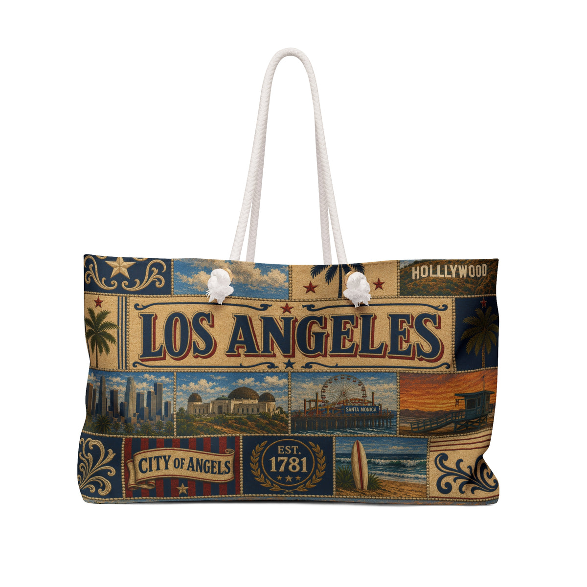 Los Angeles California Weekender Bag City of Angels Faux Patchwork Travel Tote Hollywood Coastal Vintage Souvenir Gift