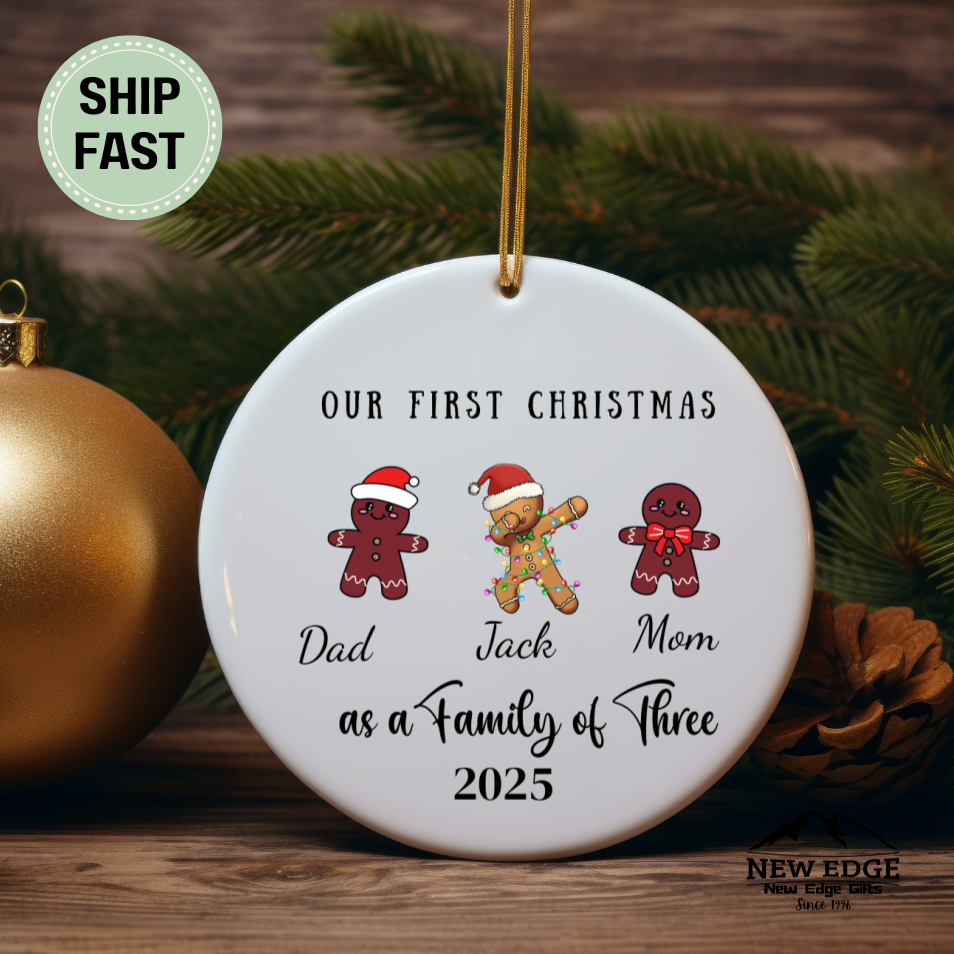 Personalized Family of Three Christmas Ceramic Ornament – Custom Holiday Keepsake