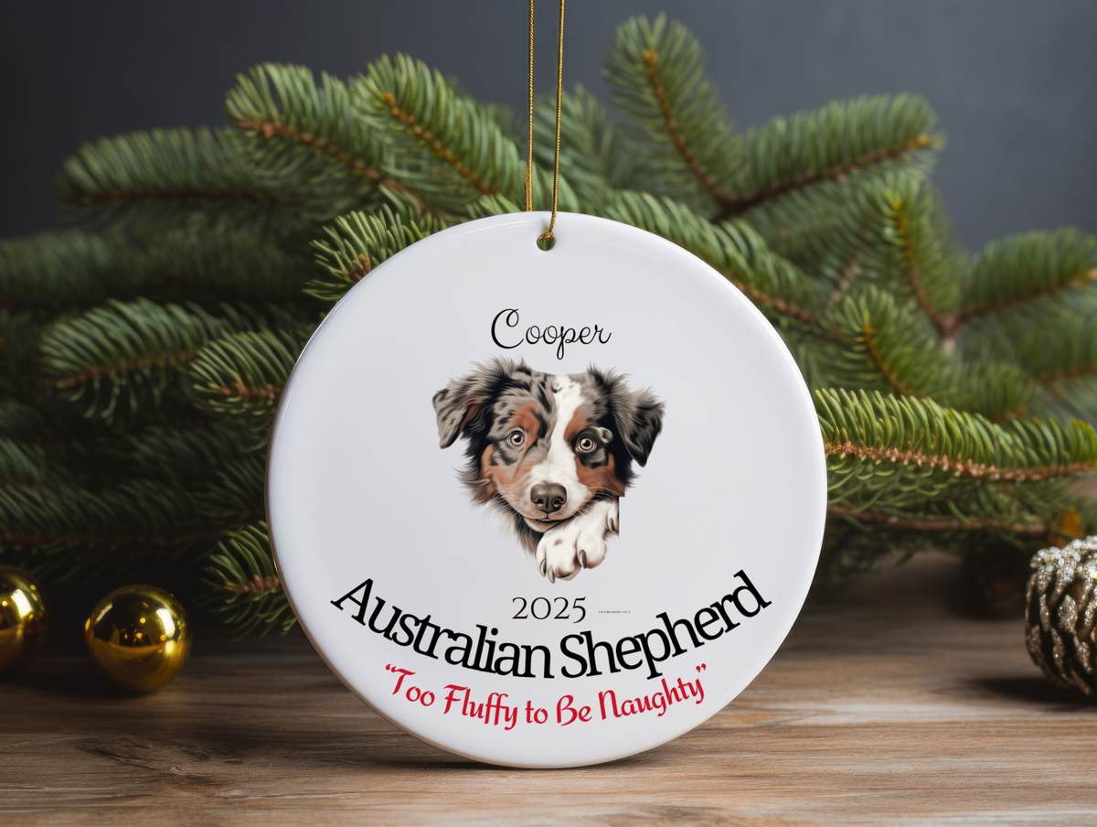 Australian Shepherd “Too Fluffy to Be Naughty” Personalized Pet Ornament with Photo & Name – Funny Custom Dog Christmas Ornament