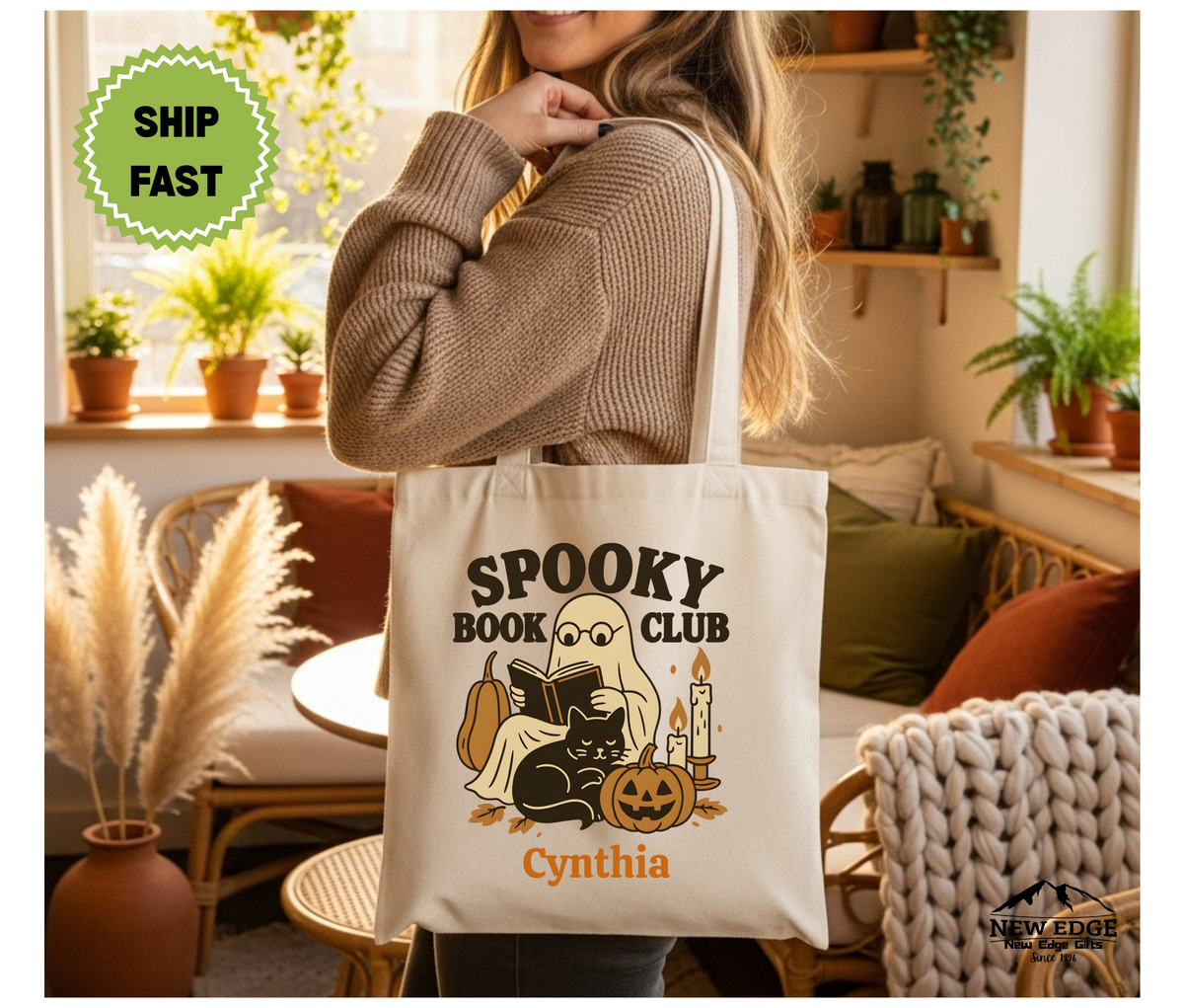Personalized Halloween Tote Bag – Ghost Reading with Black Cat & Pumpkin, “Spooky Book Club” Slogan, Cotton Canvas Bag