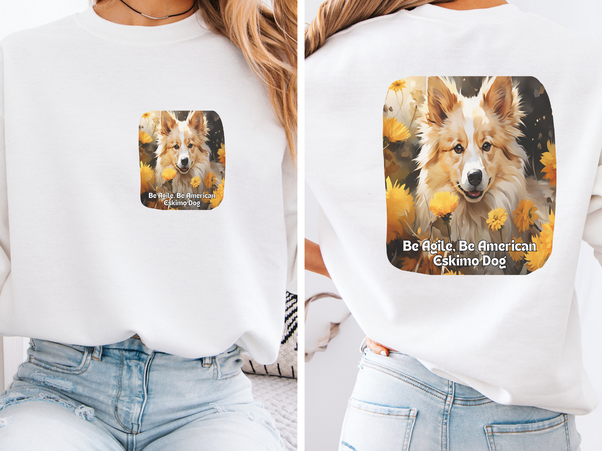 American Eskimo Dog Sunflower Sweatshirt – 'Adapt & Inspire Greatness' Front & Back Design