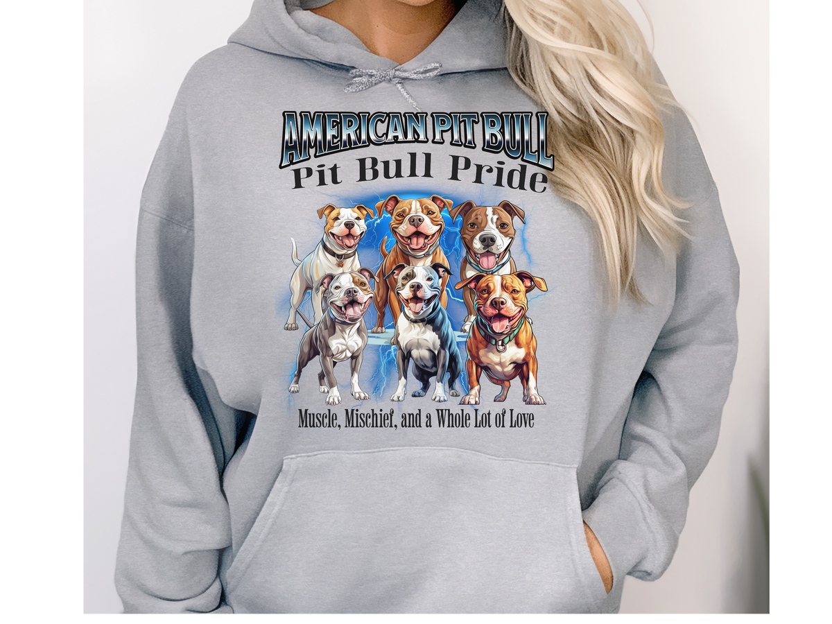 American Pit Bull Bootleg Collage Hoodie – Muscle, Mischief, and a Whole Lot of Love | Unisex Dog Lover Pullover