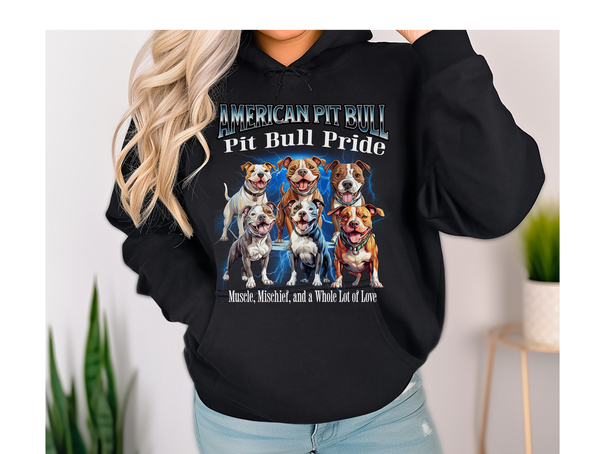 American Pit Bull Bootleg Collage Hoodie – Muscle, Mischief, and a Whole Lot of Love | Unisex Dog Lover Pullover