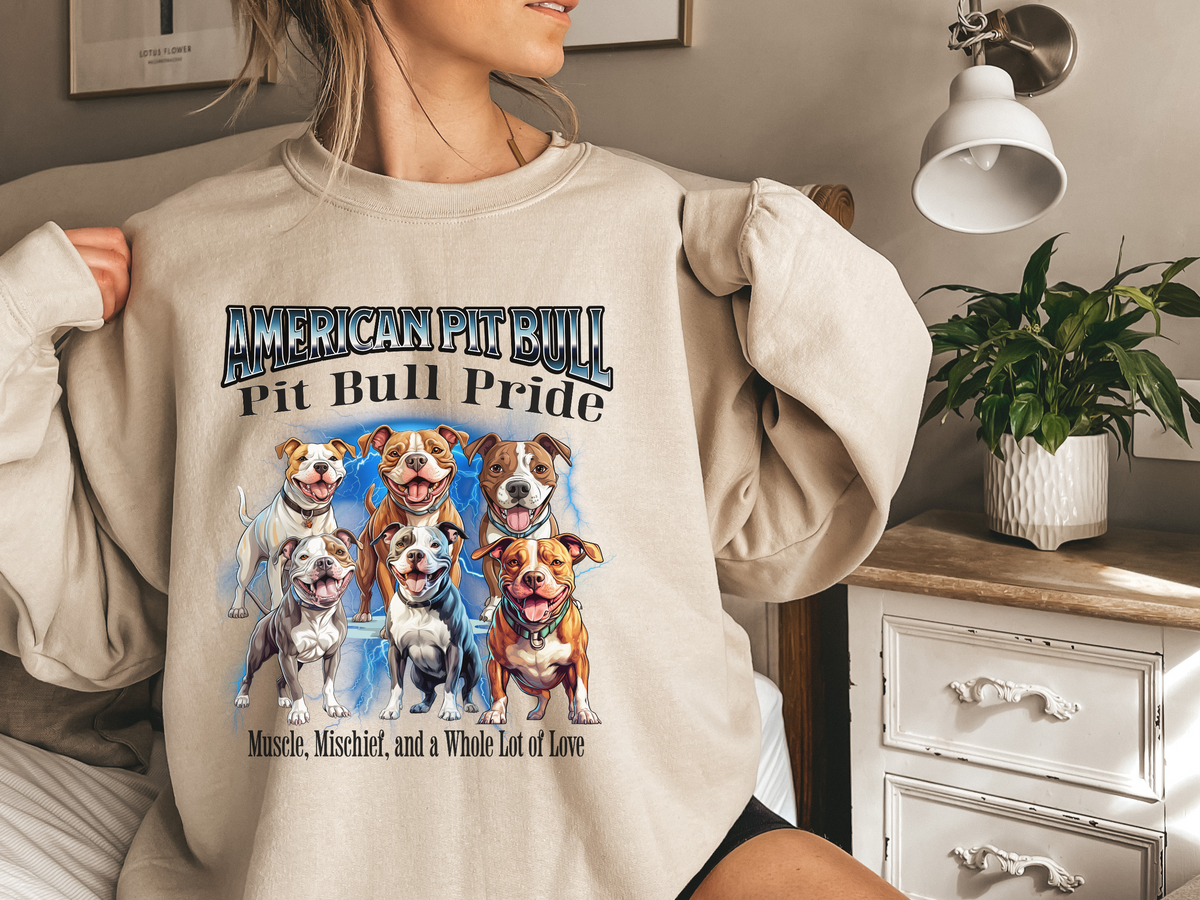 American Pit Bull Bootleg Collage Sweatshirt – Muscle, Mischief, and a Whole Lot of Love | Unisex Dog Lover Pullover