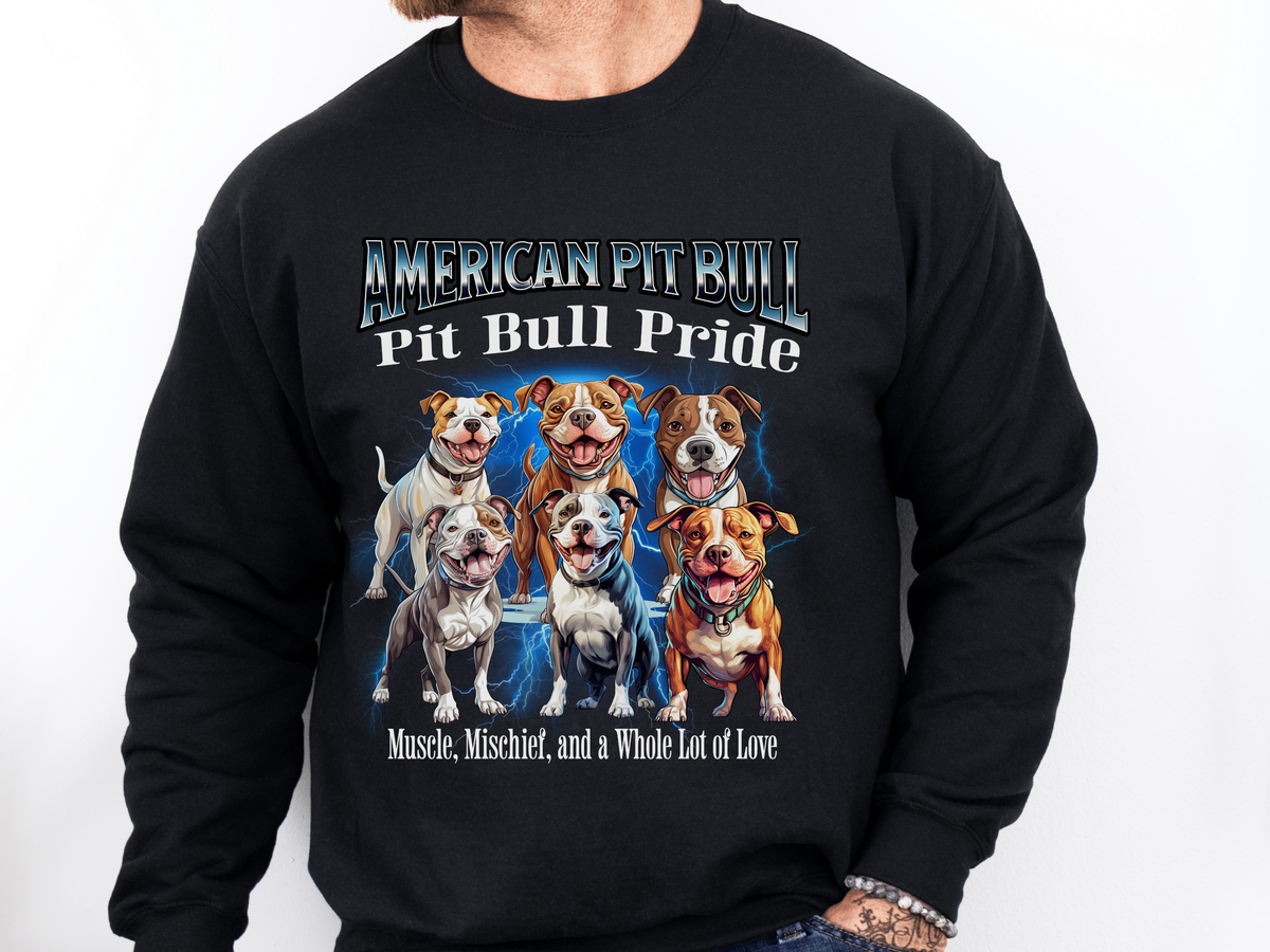 American Pit Bull Bootleg Collage Sweatshirt – Muscle, Mischief, and a Whole Lot of Love | Unisex Dog Lover Pullover