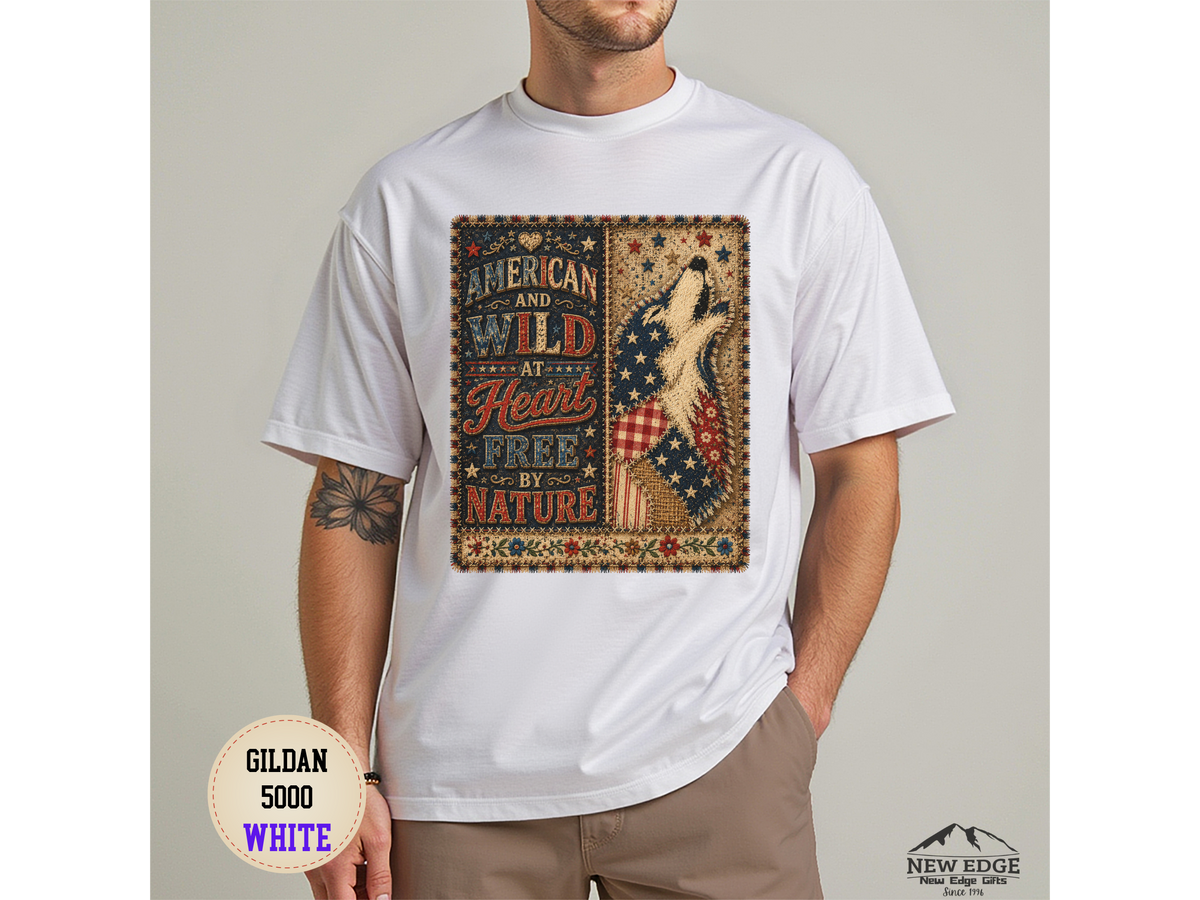 Patriotic Retro Tee – "American and Wild at Heart, Free by Nature" Flag Silhouette Shirt