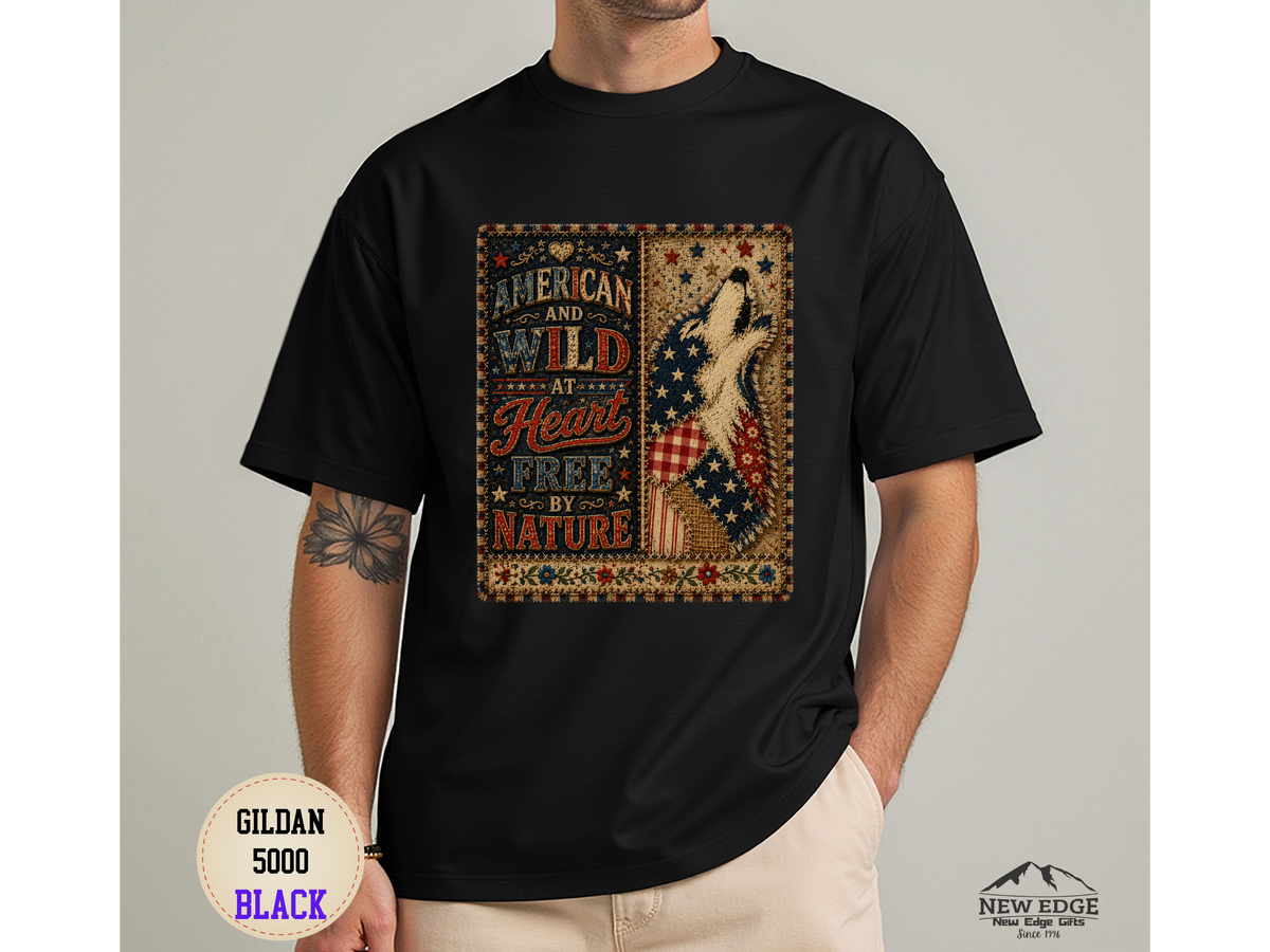 Patriotic Retro Tee – "American and Wild at Heart, Free by Nature" Flag Silhouette Shirt