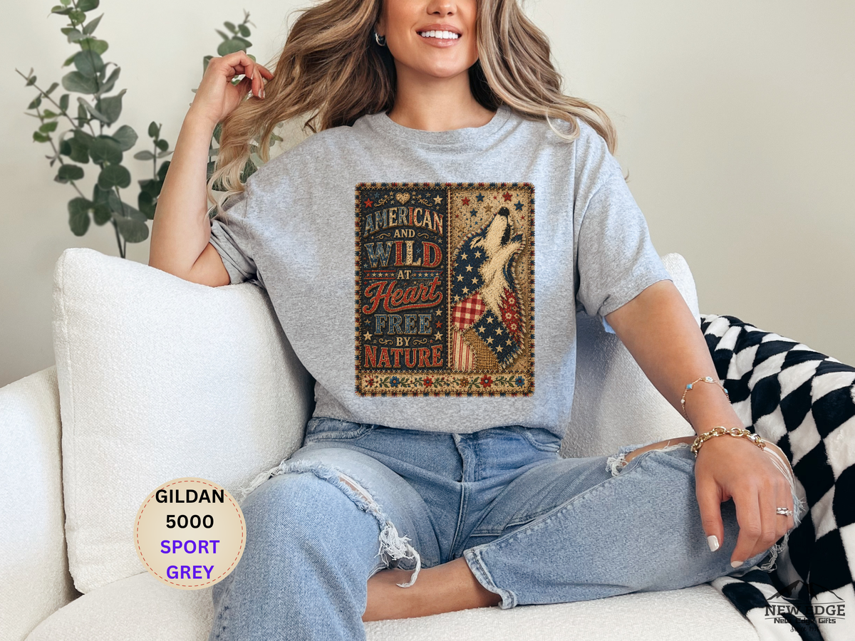 Patriotic Retro Tee – "American and Wild at Heart, Free by Nature" Flag Silhouette Shirt
