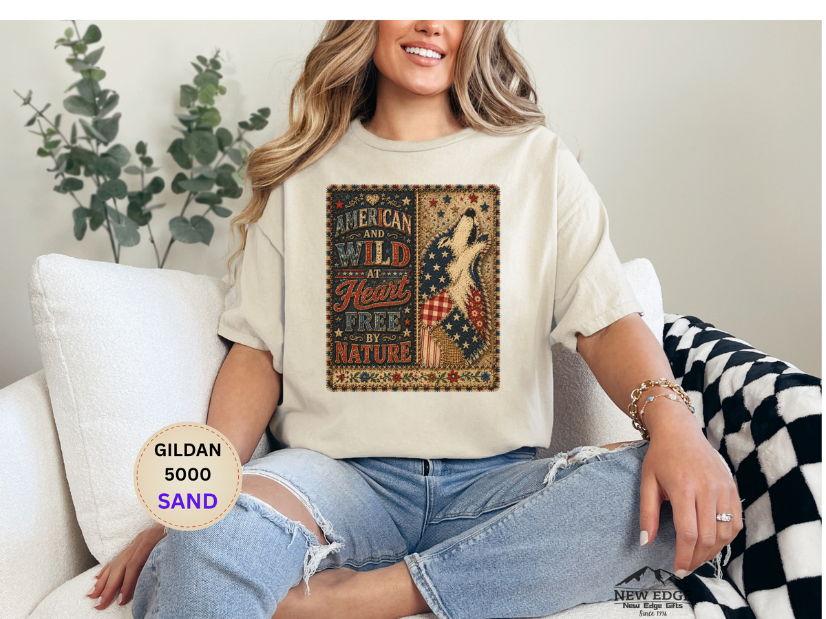 Patriotic Retro Tee – "American and Wild at Heart, Free by Nature" Flag Silhouette Shirt