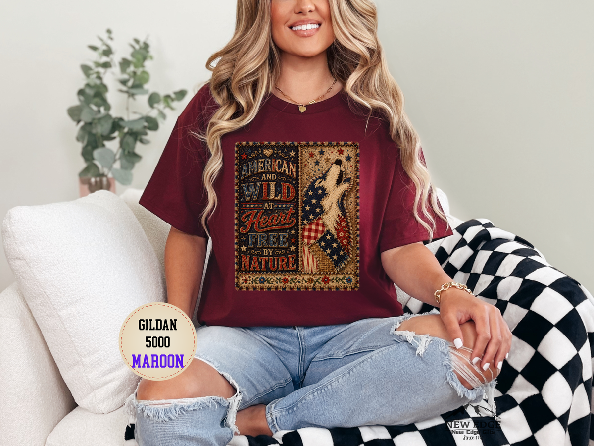 Patriotic Retro Tee – "American and Wild at Heart, Free by Nature" Flag Silhouette Shirt