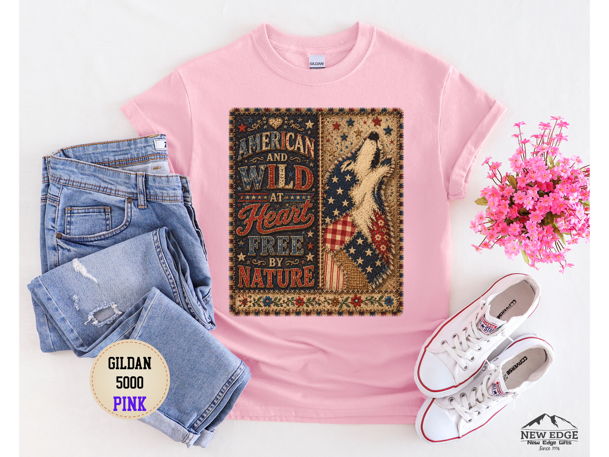 Patriotic Retro Tee – "American and Wild at Heart, Free by Nature" Flag Silhouette Shirt