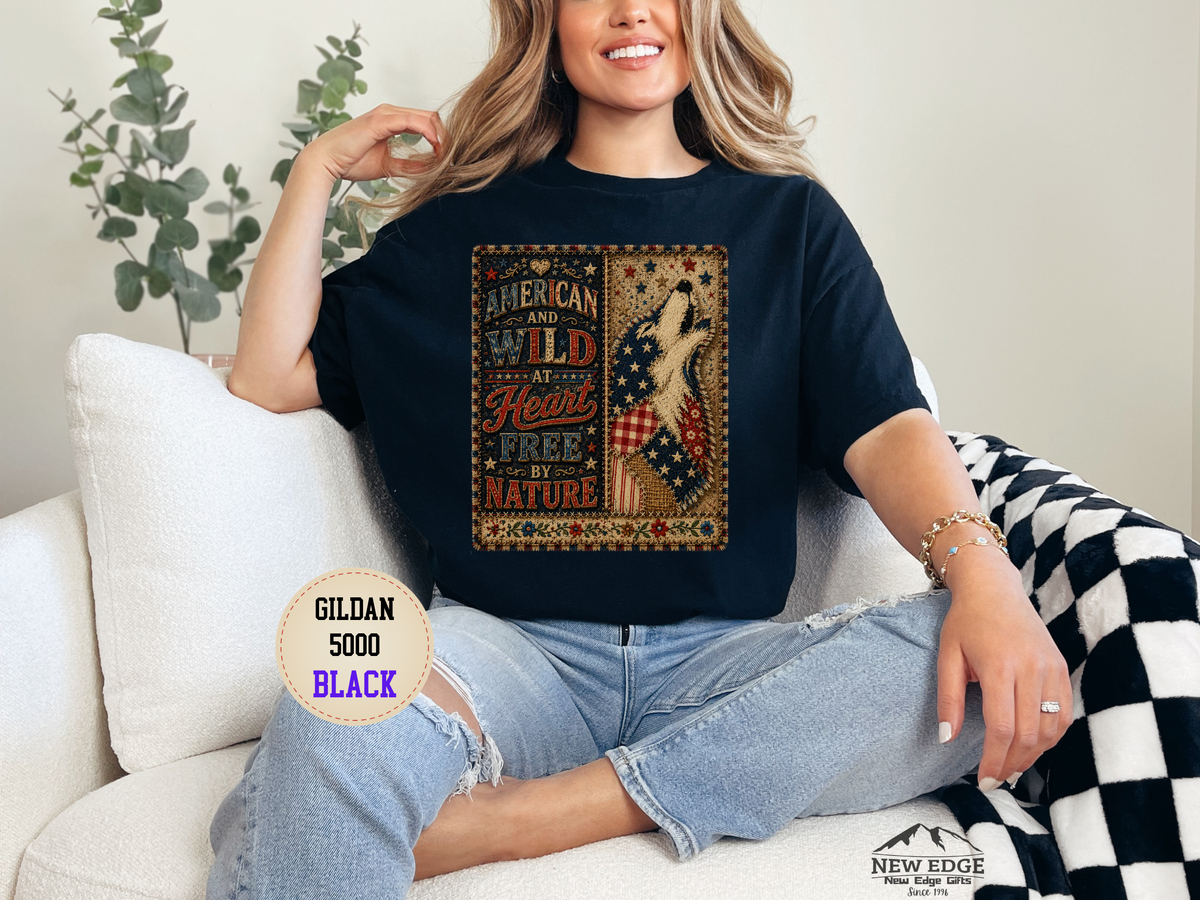 Patriotic Retro Tee – "American and Wild at Heart, Free by Nature" Flag Silhouette Shirt