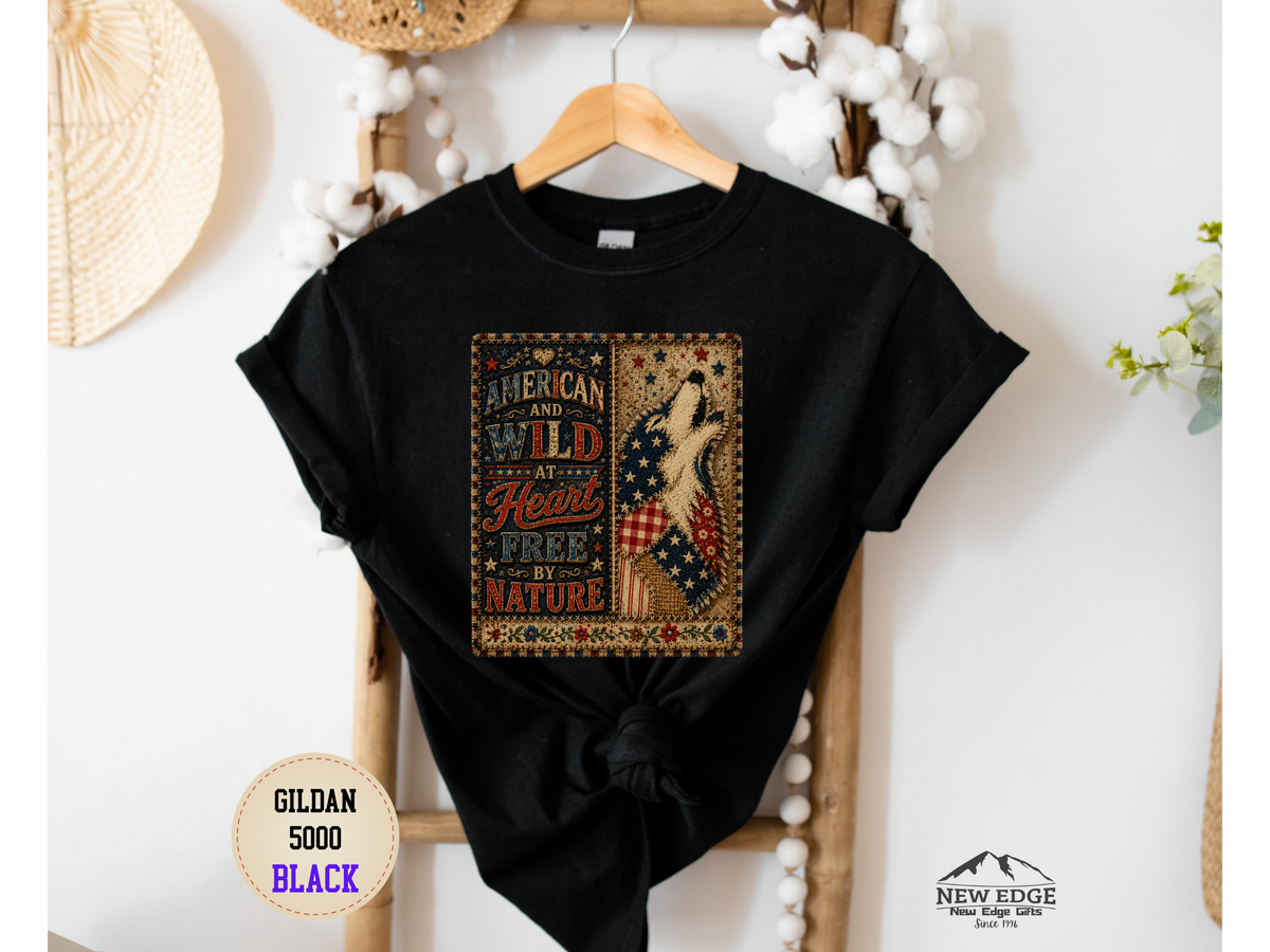 Patriotic Retro Tee – "American and Wild at Heart, Free by Nature" Flag Silhouette Shirt