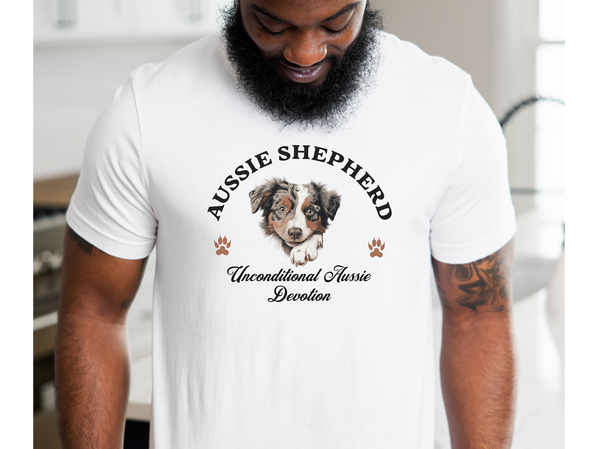 Aussie Shepherd Dog T-Shirt – Unisex Tee with “Unconditional Aussie Devotion” Slogan | Australian Shepherd Gift