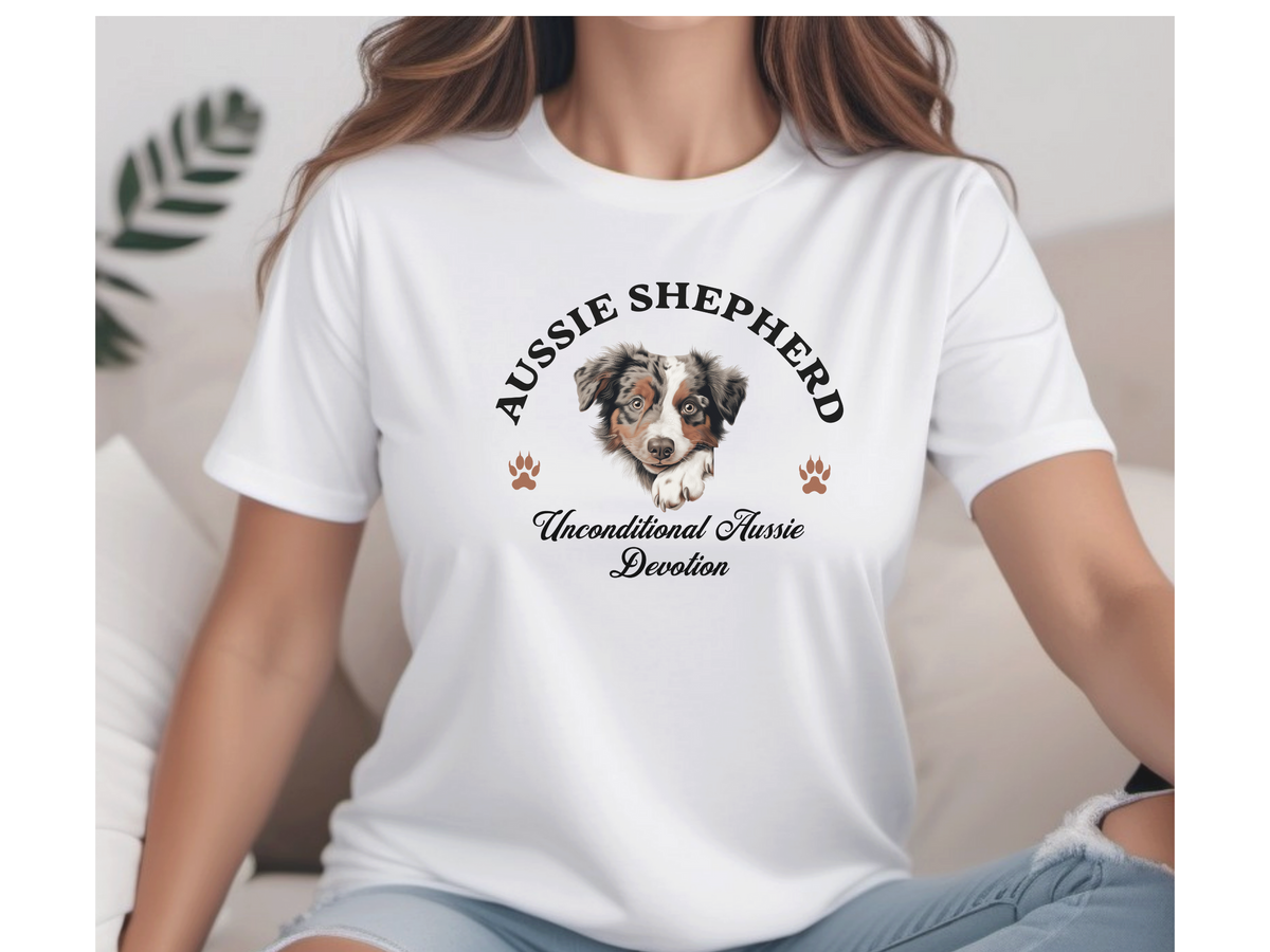 Aussie Shepherd Dog T-Shirt – Unisex Tee with “Unconditional Aussie Devotion” Slogan | Australian Shepherd Gift