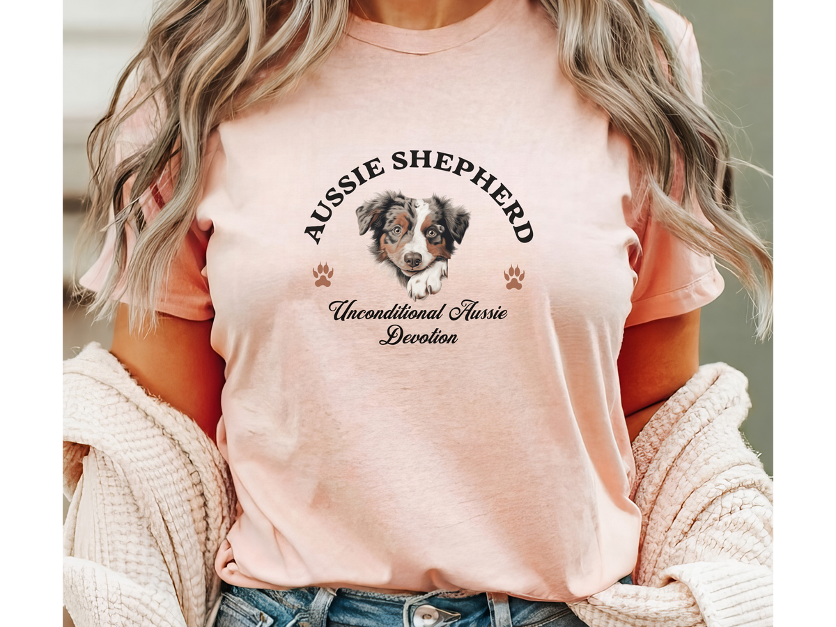 Aussie Shepherd Dog T-Shirt – Unisex Tee with “Unconditional Aussie Devotion” Slogan | Australian Shepherd Gift
