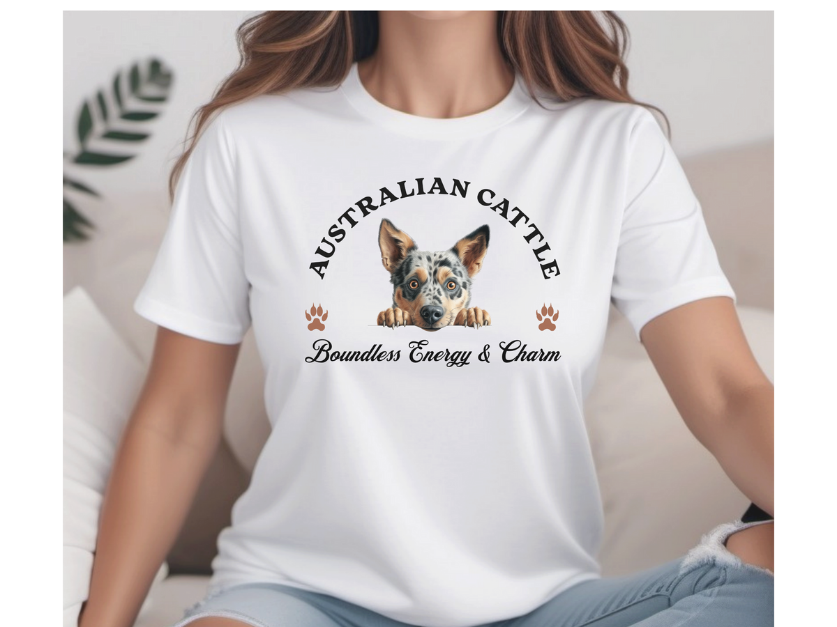 Australian Cattle Dog T-Shirt – Unisex Tee with “Boundless Energy and Charm” Slogan | Heeler Lover Gift