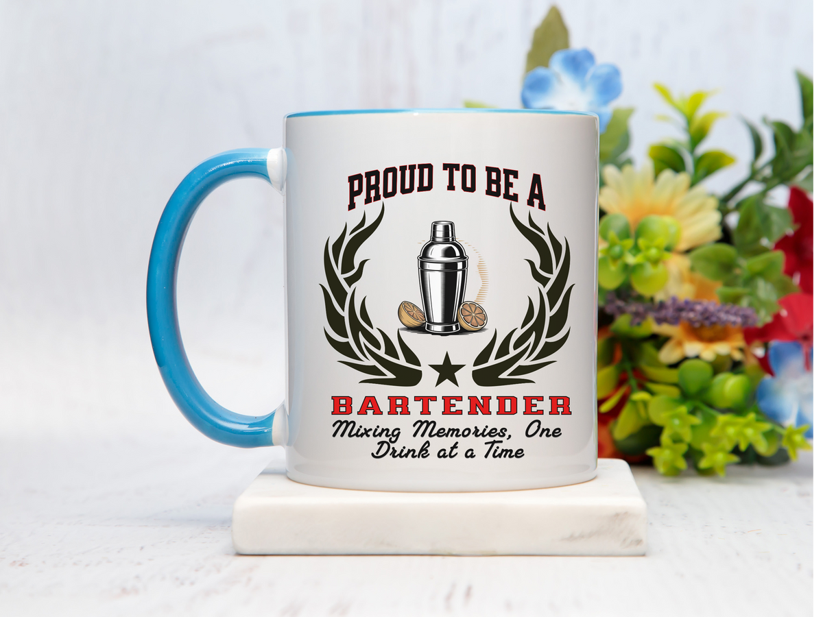 PROUD TO BE A BARTENDER Ceramic Accent Coffee Mug – "Mixing Memories, One Drink at a Time" – Unique Bartender Gift by New Edge Gifts and Novelties