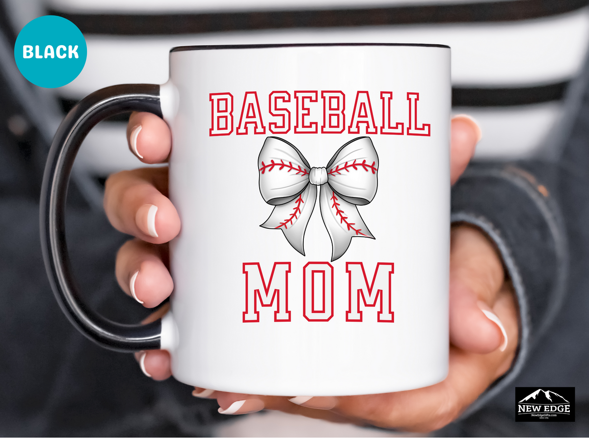 Baseball MOM Letters with Baseball Coquette Bow Coffee Mug – 11oz & 15oz Accent Mug – Cute Sports Mom Gift – White Mug with Red Stitch Bow Design