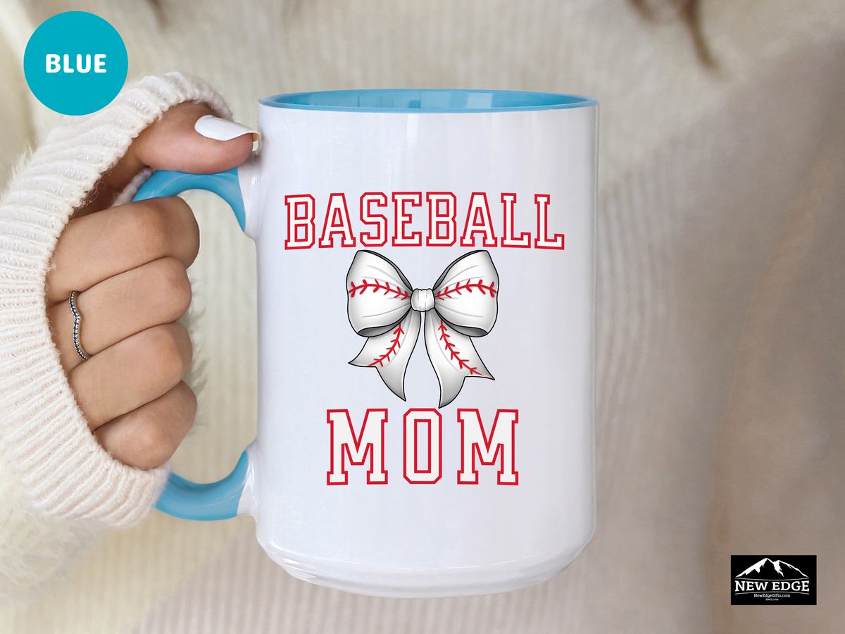 Baseball MOM Letters with Baseball Coquette Bow Coffee Mug – 11oz & 15oz Accent Mug – Cute Sports Mom Gift – White Mug with Red Stitch Bow Design