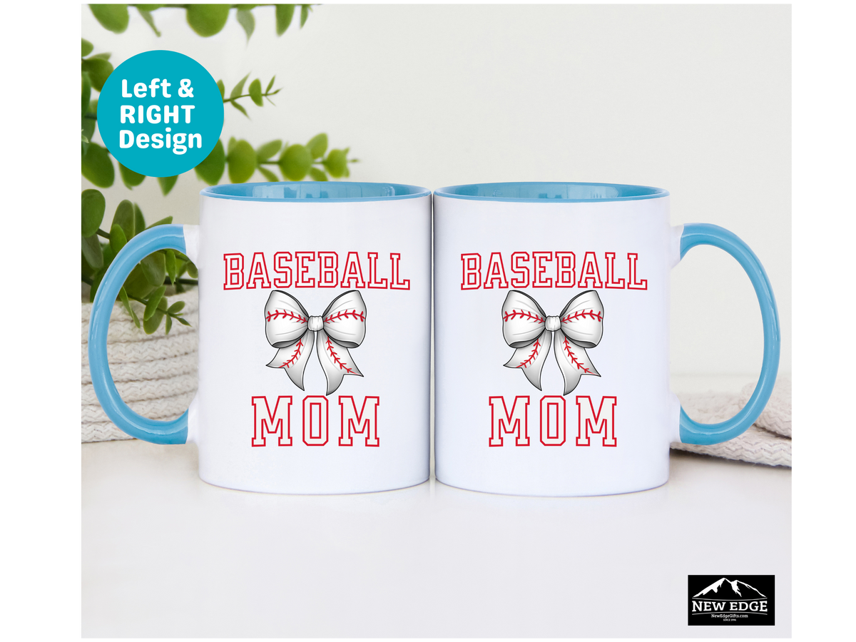 Baseball MOM Letters with Baseball Coquette Bow Coffee Mug – 11oz & 15oz Accent Mug – Cute Sports Mom Gift – White Mug with Red Stitch Bow Design