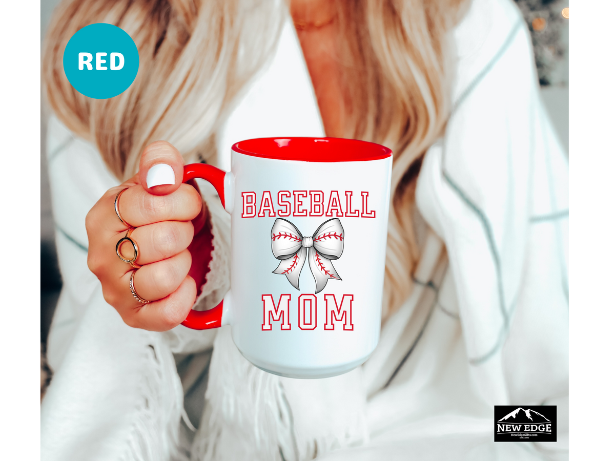 Baseball MOM Letters with Baseball Coquette Bow Coffee Mug – 11oz & 15oz Accent Mug – Cute Sports Mom Gift – White Mug with Red Stitch Bow Design