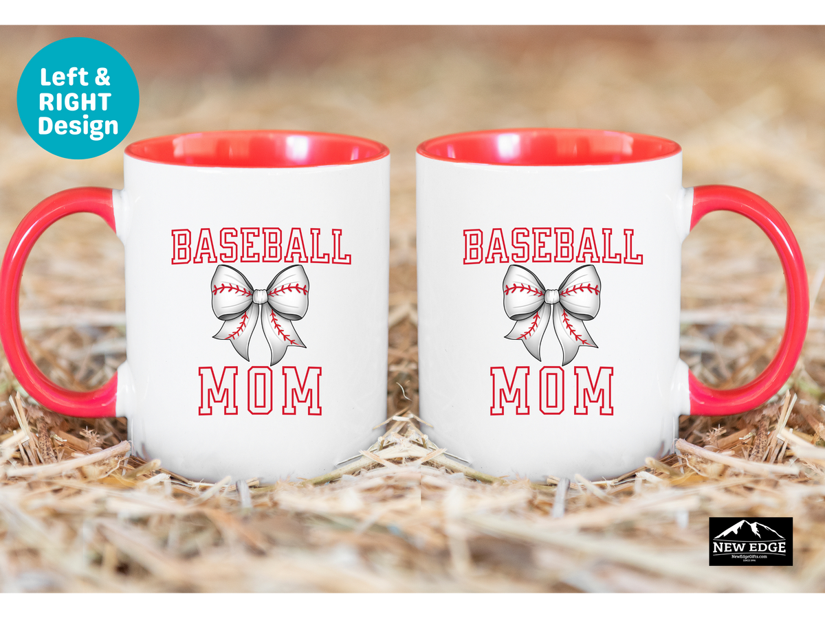 Baseball MOM Letters with Baseball Coquette Bow Coffee Mug – 11oz & 15oz Accent Mug – Cute Sports Mom Gift – White Mug with Red Stitch Bow Design