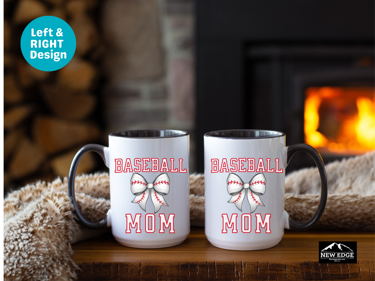 Baseball MOM Letters with Baseball Coquette Bow Coffee Mug – 11oz & 15oz Accent Mug – Cute Sports Mom Gift – White Mug with Red Stitch Bow Design