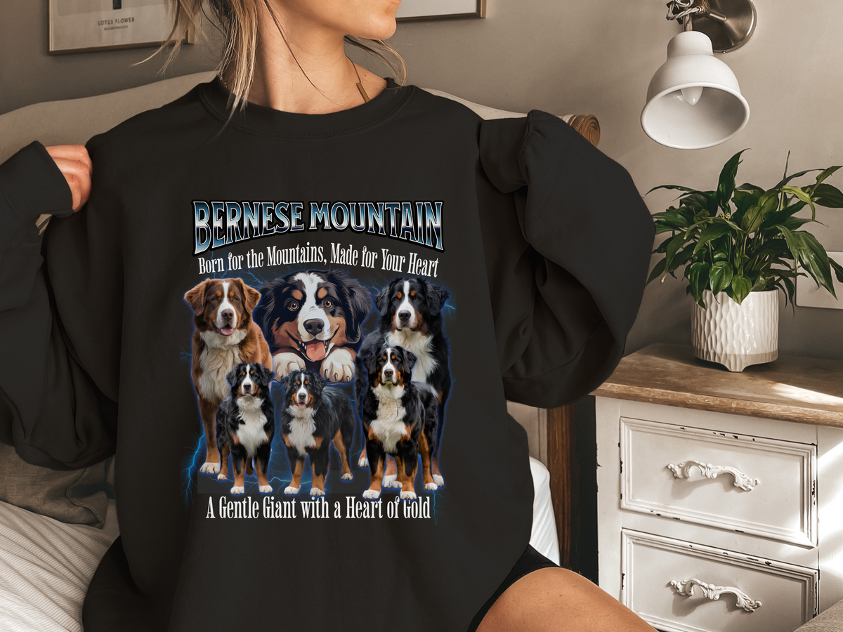 Bernese Mountain Dog Bootleg Collage Sweatshirt – Born for the Mountains, Made for Your Heart | Unisex Dog Lover Pullover