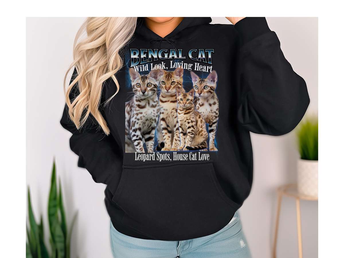 Bengal Cat Hoodie – Unisex Bootleg Collage Sweatshirt | Wild Look, Loving Heart