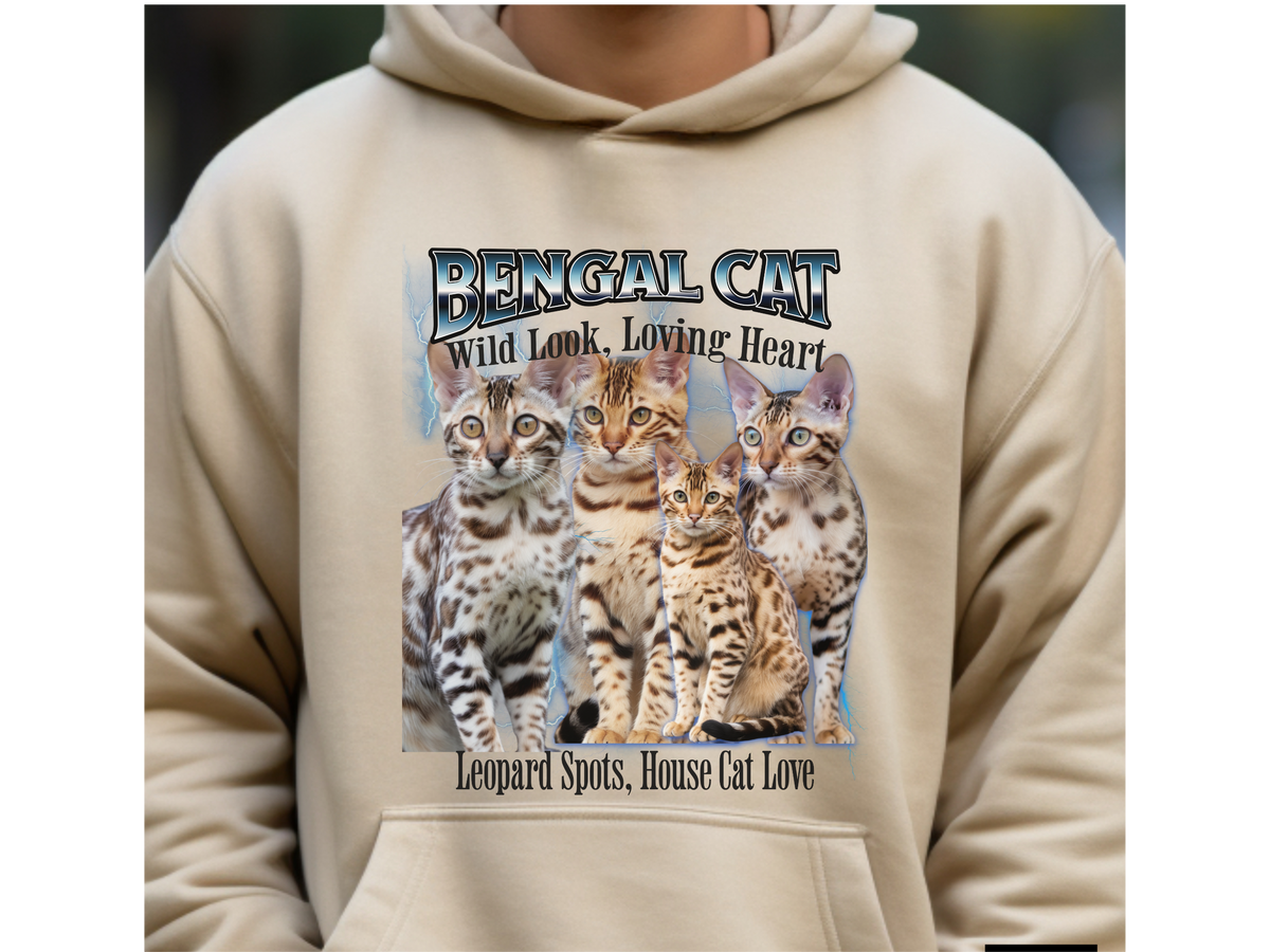 Bengal Cat Hoodie – Unisex Bootleg Collage Sweatshirt | Wild Look, Loving Heart
