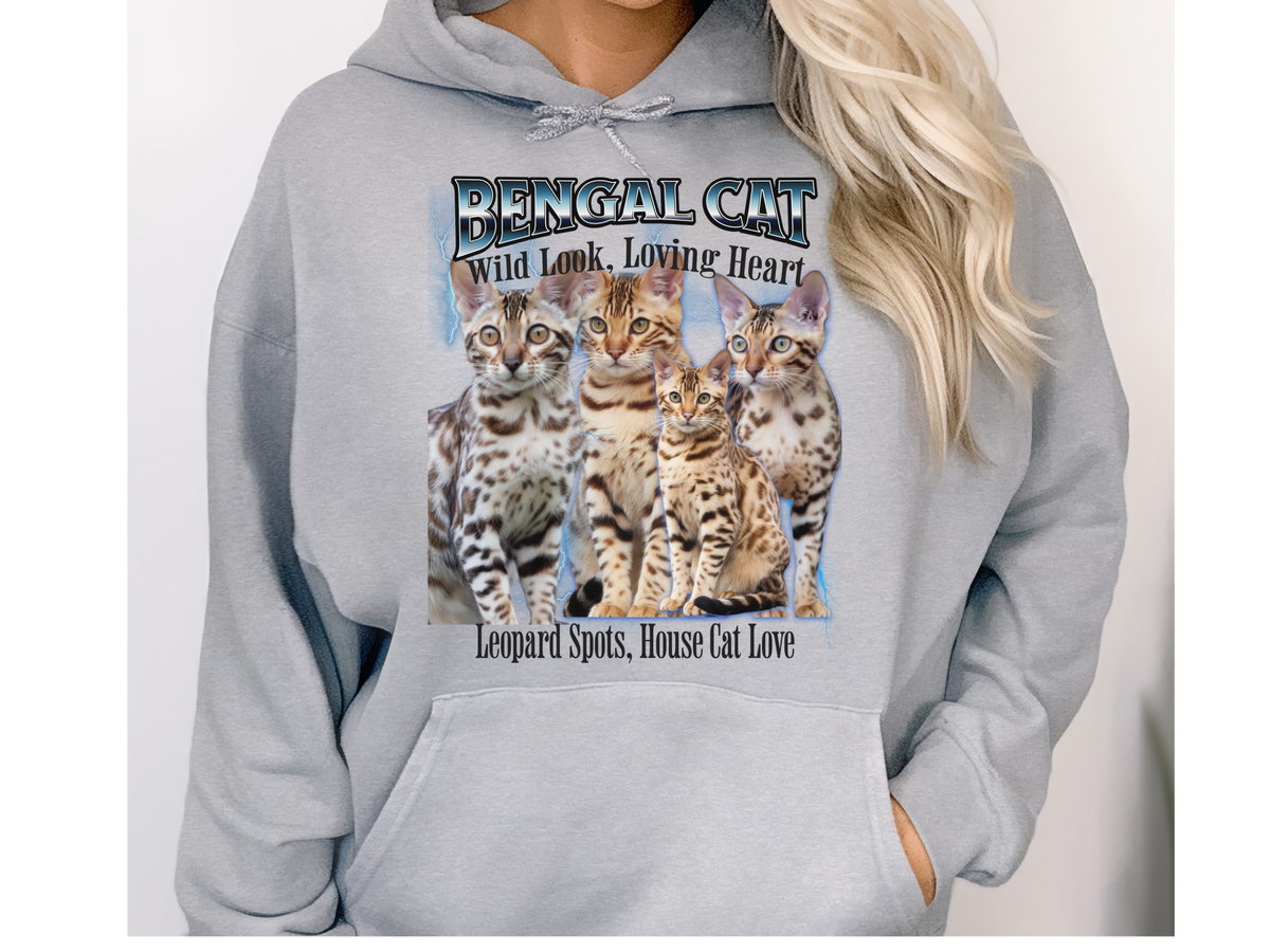 Bengal Cat Hoodie – Unisex Bootleg Collage Sweatshirt | Wild Look, Loving Heart