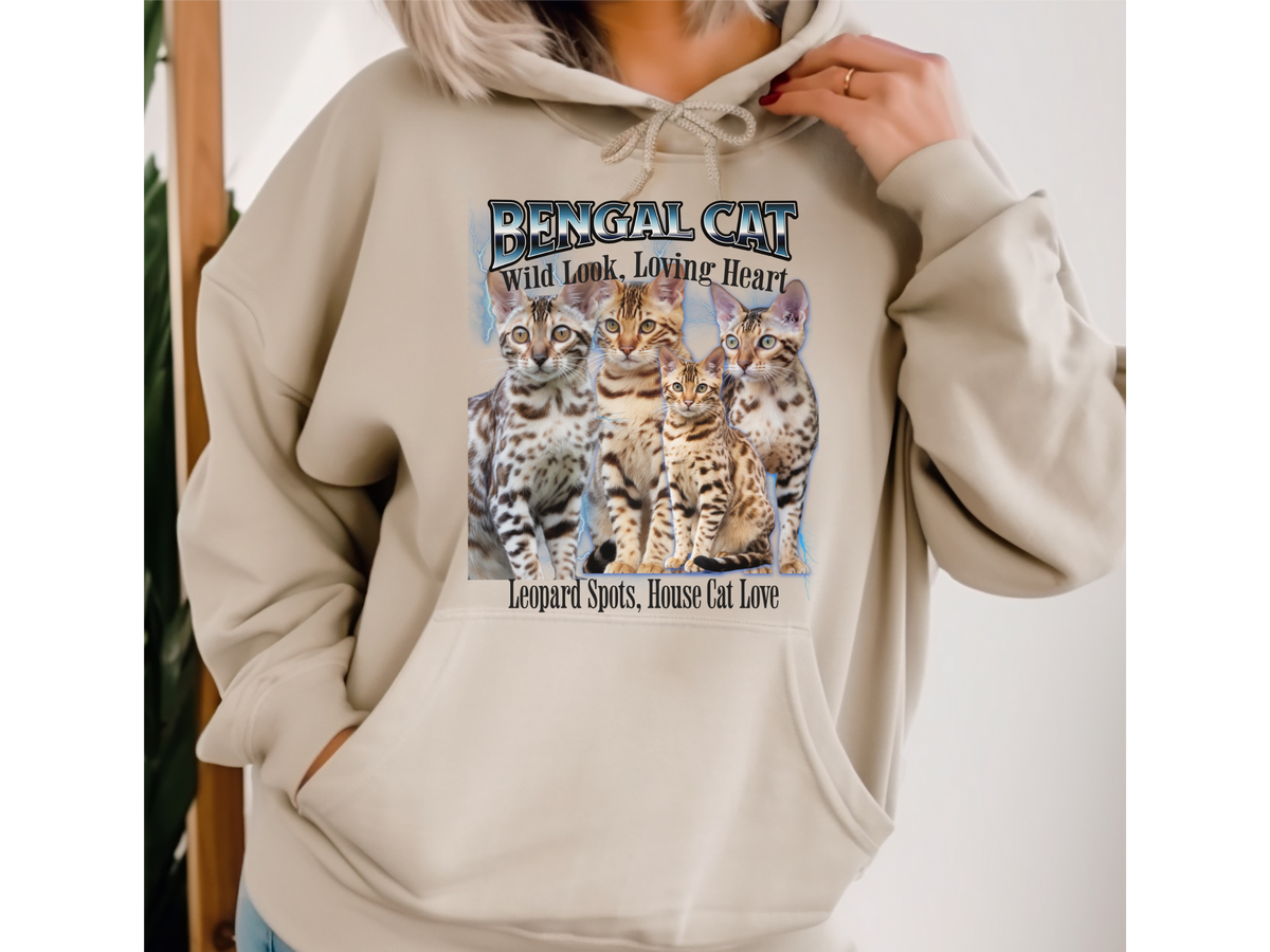 Bengal Cat Hoodie – Unisex Bootleg Collage Sweatshirt | Wild Look, Loving Heart