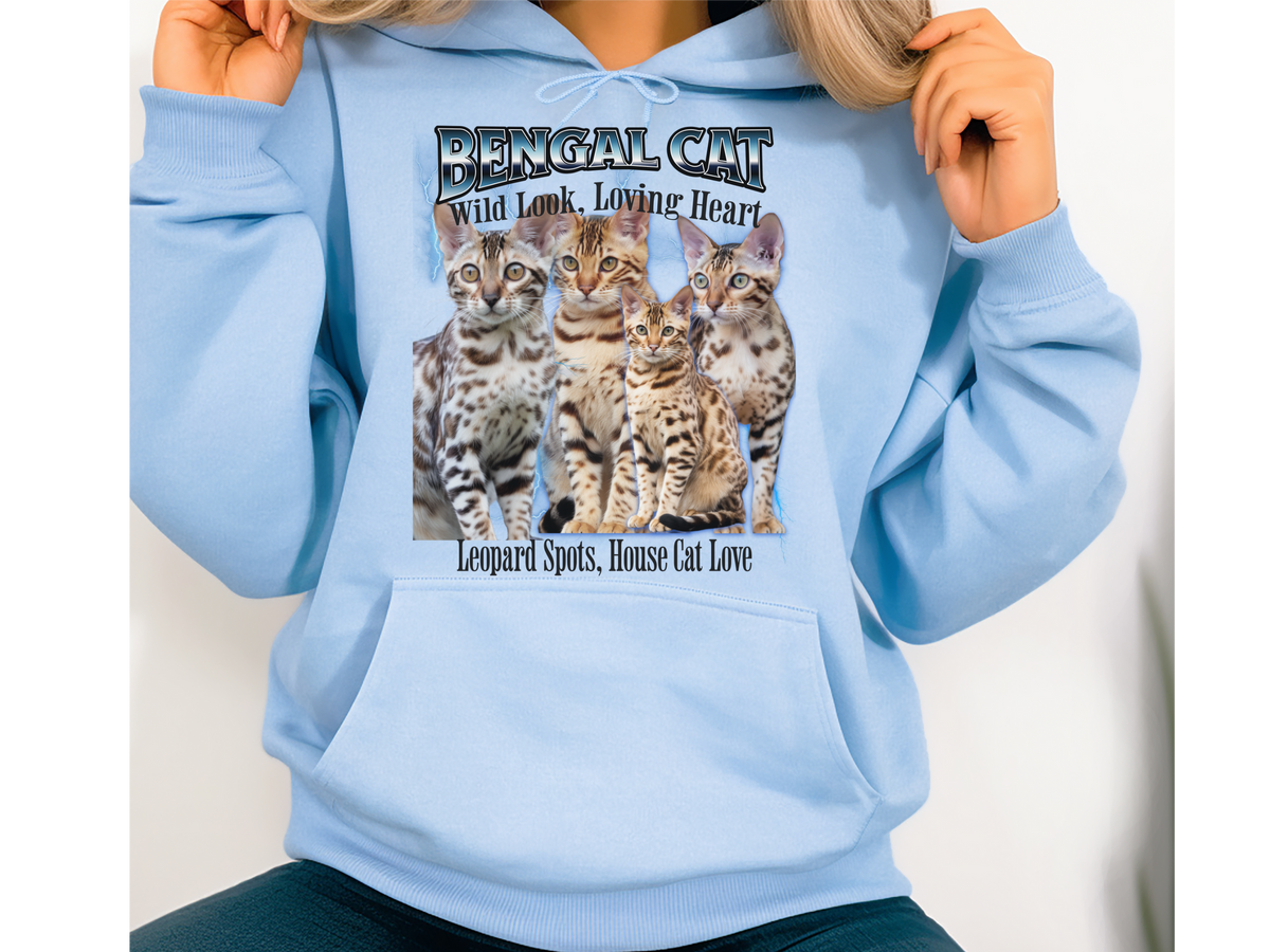 Bengal Cat Hoodie – Unisex Bootleg Collage Sweatshirt | Wild Look, Loving Heart