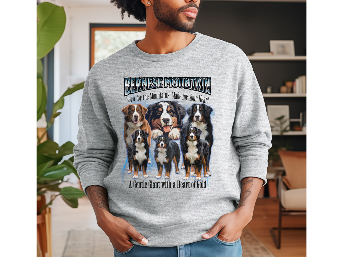 Bernese Mountain Dog Bootleg Collage Sweatshirt – Born for the Mountains, Made for Your Heart | Unisex Dog Lover Pullover