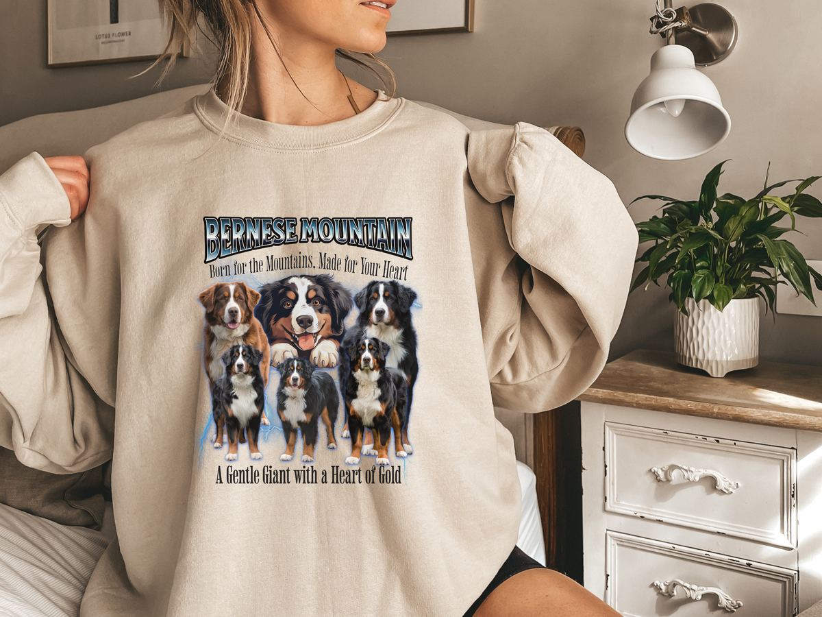 Bernese Mountain Dog Bootleg Collage Sweatshirt – Born for the Mountains, Made for Your Heart | Unisex Dog Lover Pullover