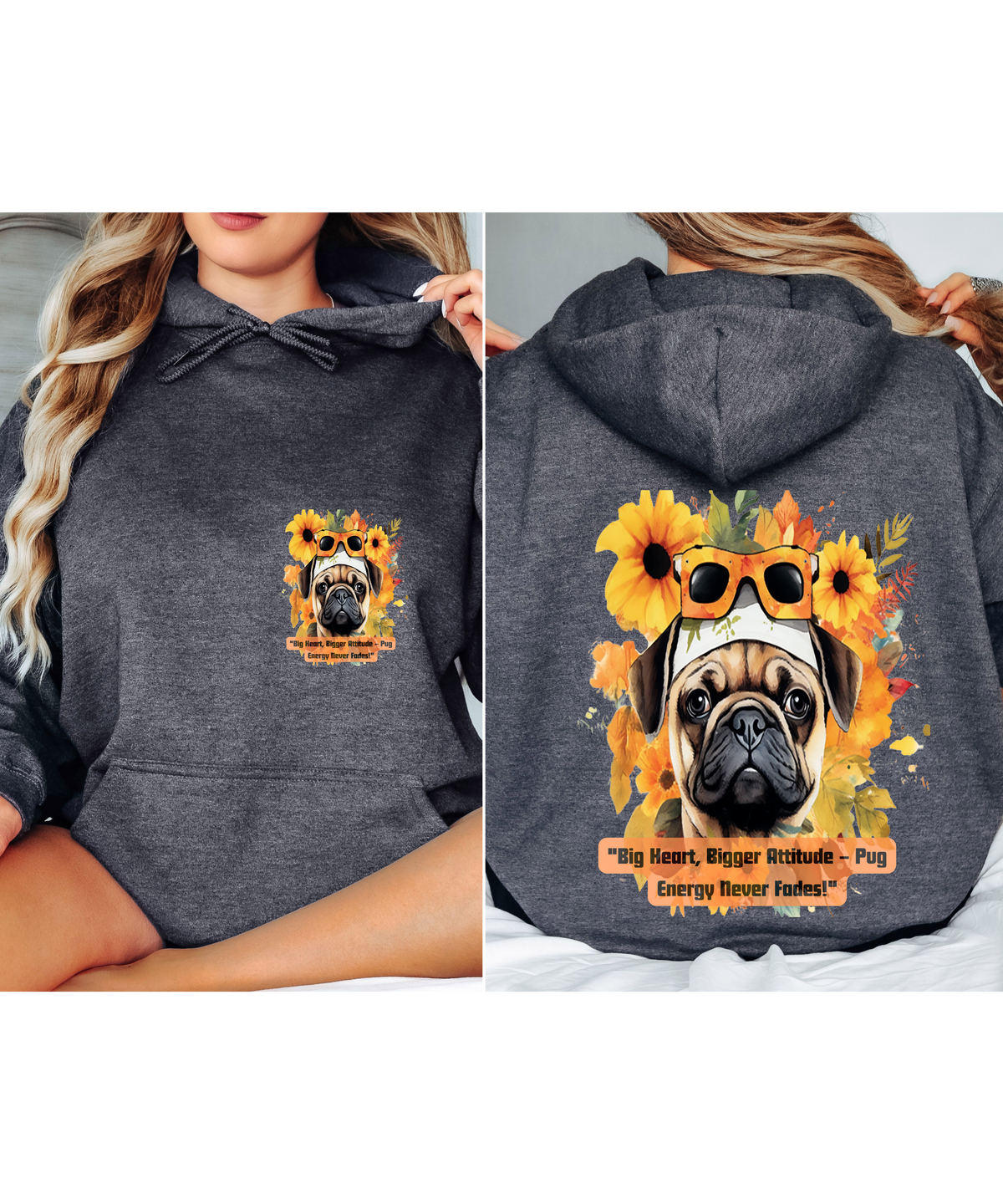 "Pug Power Sunflower Hoodie – 'Big Heart, Bigger Attitude' – Unisex Vibrant Pug Lover Sweatshirt"