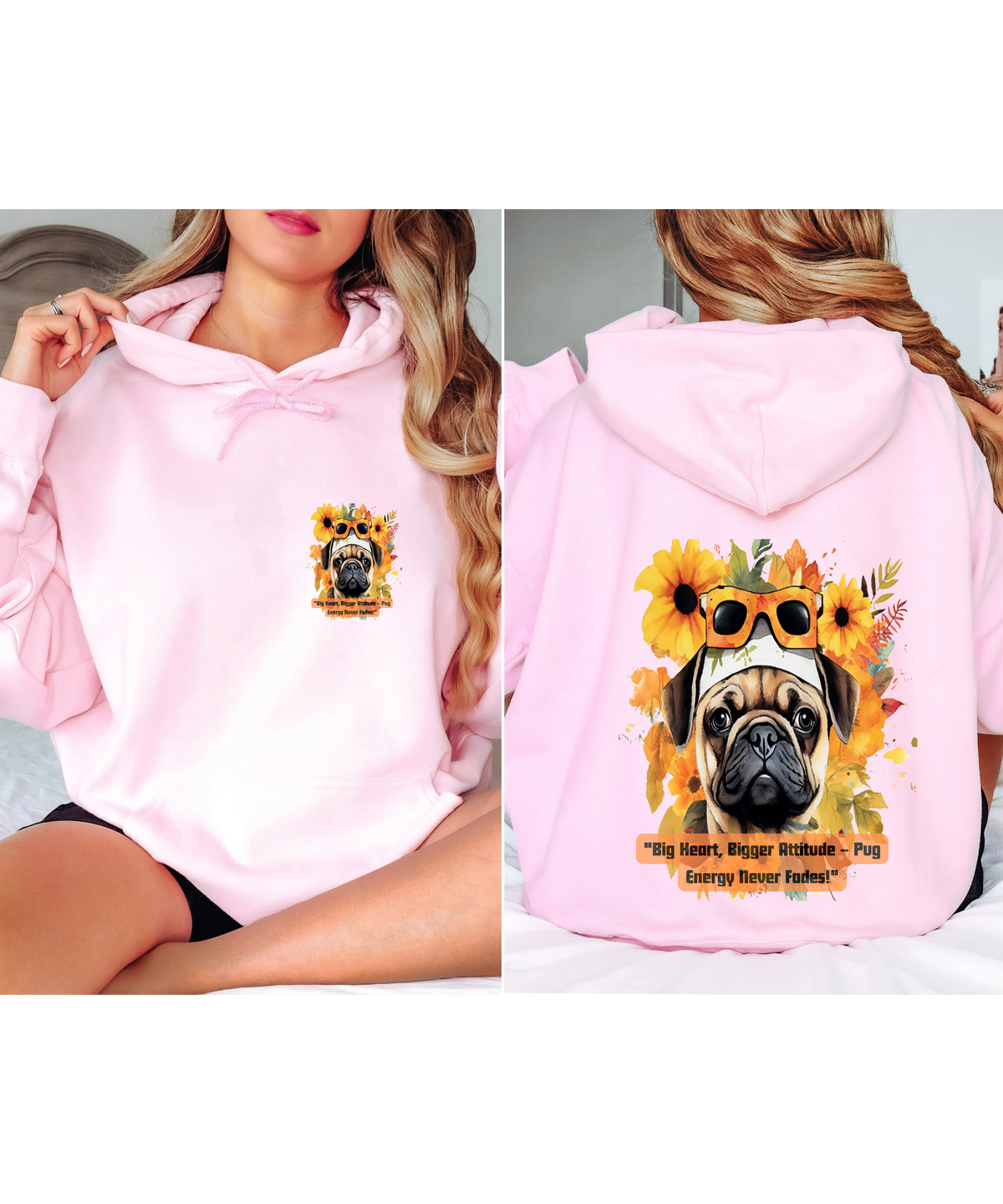 "Pug Power Sunflower Hoodie – 'Big Heart, Bigger Attitude' – Unisex Vibrant Pug Lover Sweatshirt"