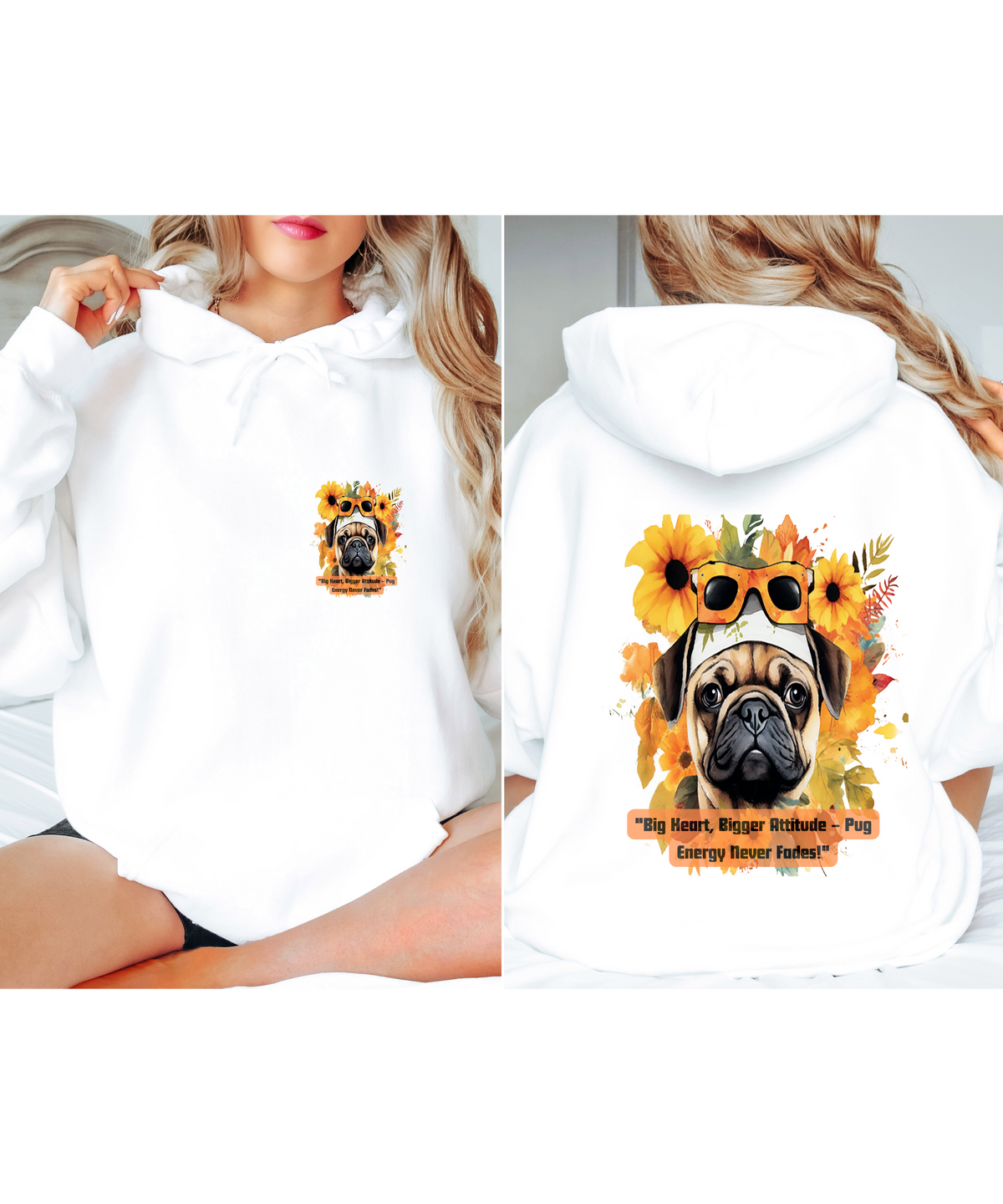 "Pug Power Sunflower Hoodie – 'Big Heart, Bigger Attitude' – Unisex Vibrant Pug Lover Sweatshirt"
