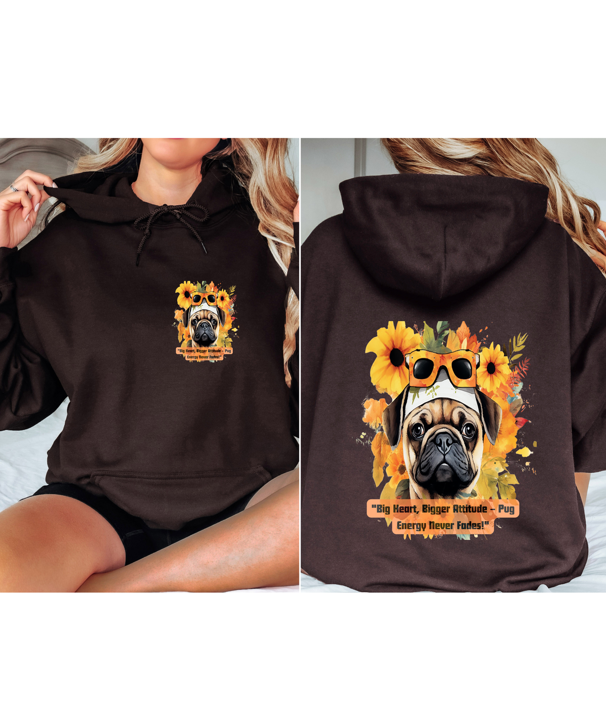 "Pug Power Sunflower Hoodie – 'Big Heart, Bigger Attitude' – Unisex Vibrant Pug Lover Sweatshirt"