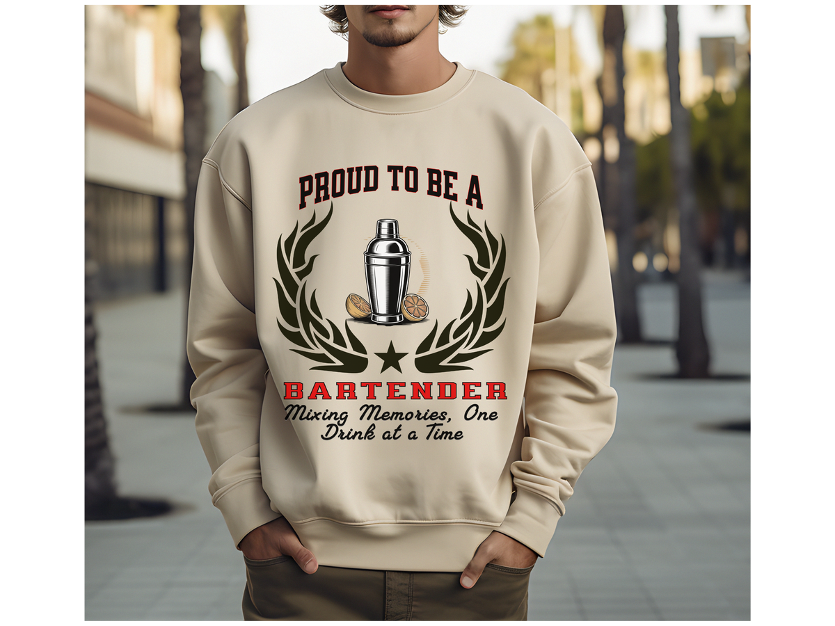 Unisex Bartender Sweatshirt – “PROUD TO BE A BARTENDER” | Mixing Memories, One Drink at a Time Pullover