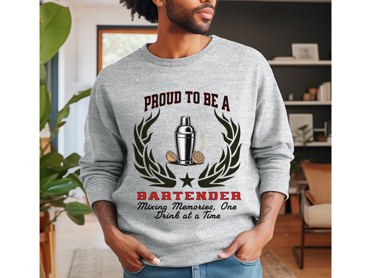 Unisex Bartender Sweatshirt – “PROUD TO BE A BARTENDER” | Mixing Memories, One Drink at a Time Pullover
