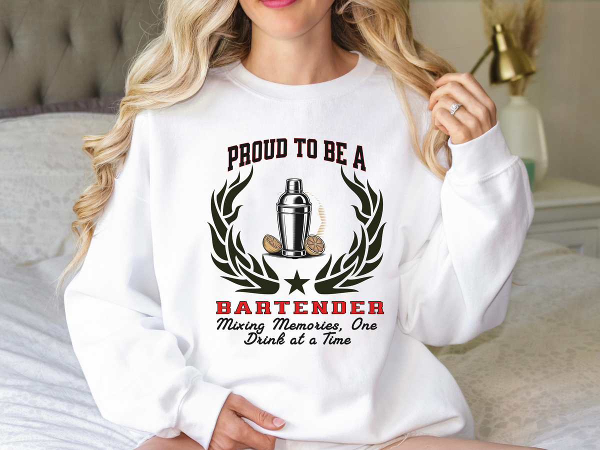 Unisex Bartender Sweatshirt – “PROUD TO BE A BARTENDER” | Mixing Memories, One Drink at a Time Pullover