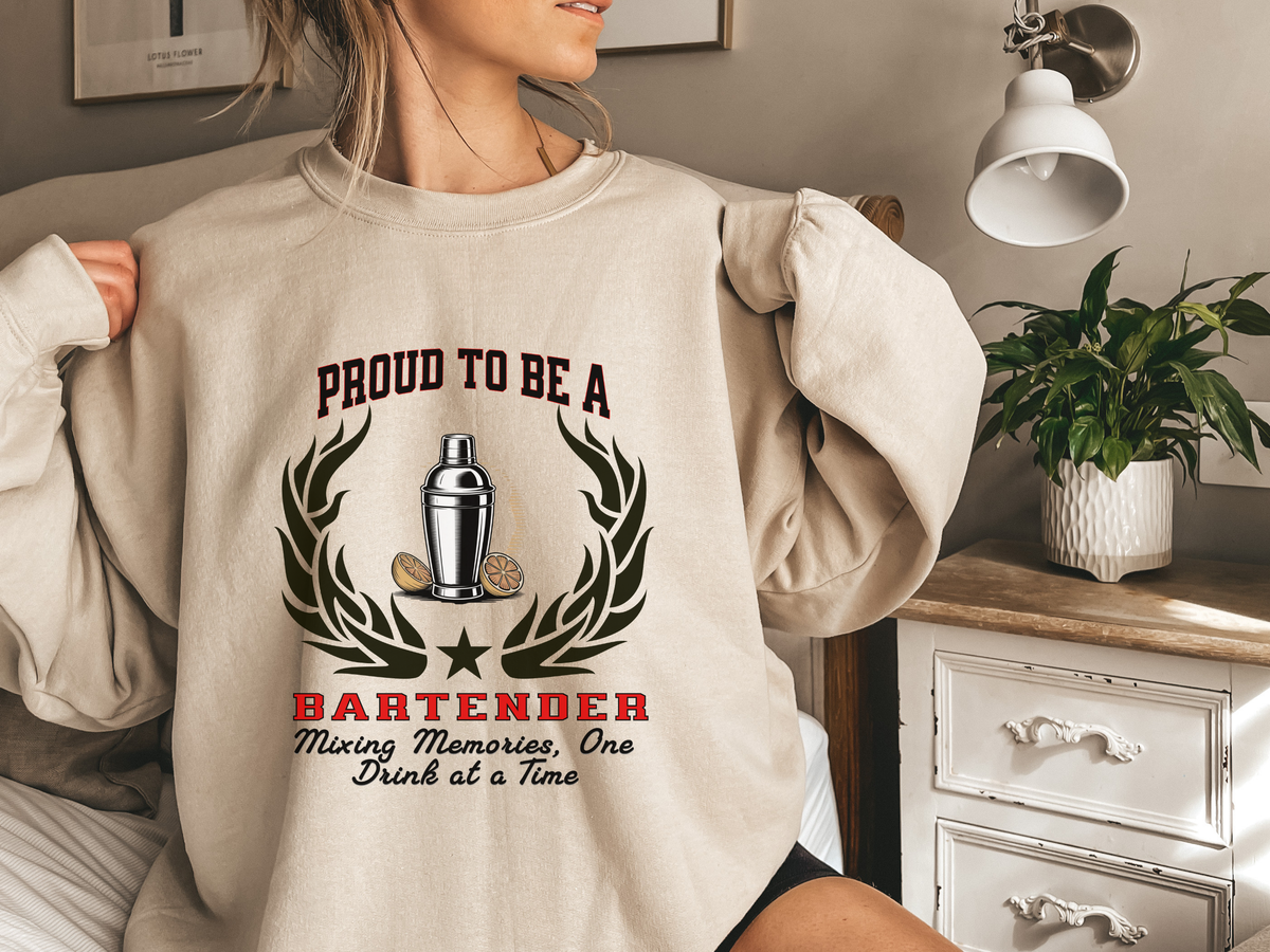 Unisex Bartender Sweatshirt – “PROUD TO BE A BARTENDER” | Mixing Memories, One Drink at a Time Pullover