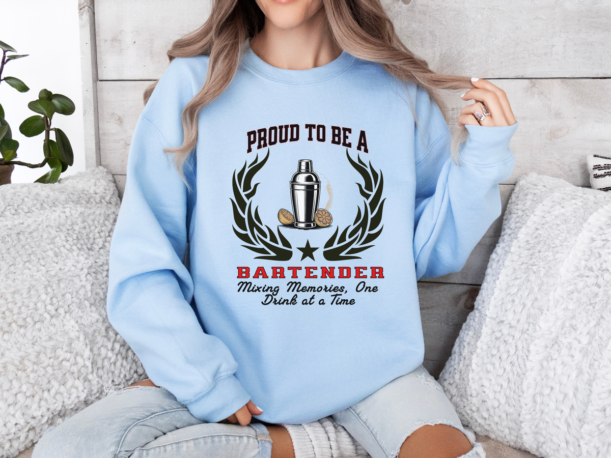 Unisex Bartender Sweatshirt – “PROUD TO BE A BARTENDER” | Mixing Memories, One Drink at a Time Pullover