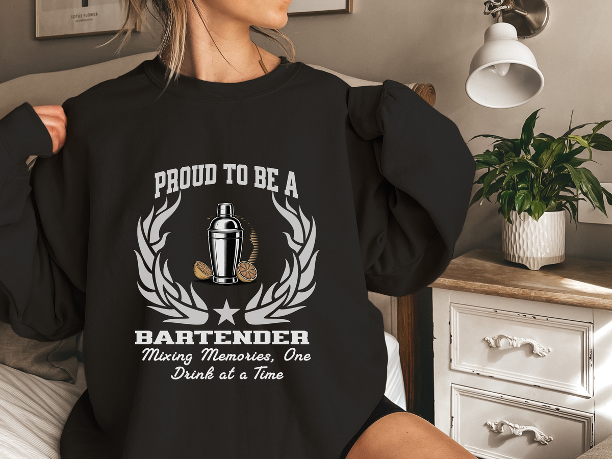 Unisex Bartender Sweatshirt – “PROUD TO BE A BARTENDER” | Mixing Memories, One Drink at a Time Pullover