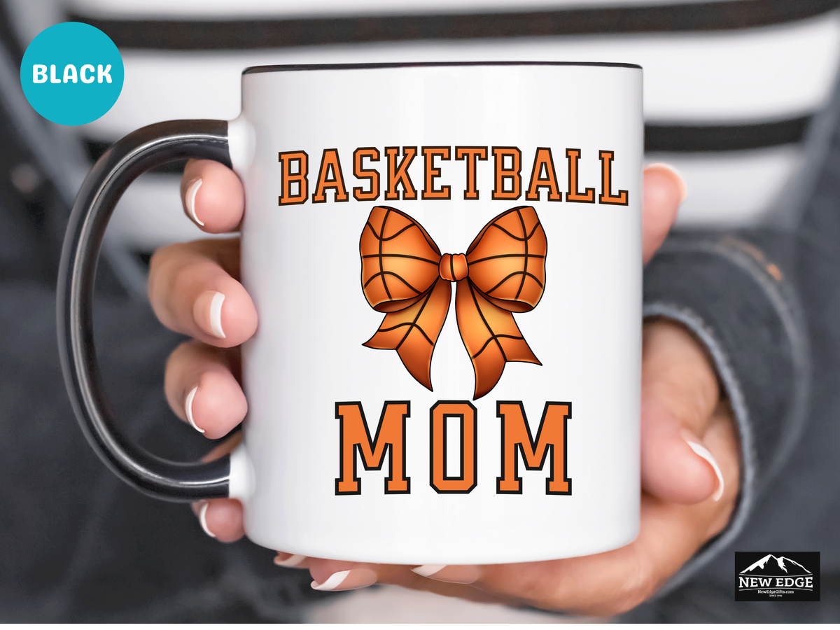 Basketball MOM Letters with Basketball Coquette Bow Coffee Mug – 11oz & 15oz Accent Mug – Cute Sports Mom Gift – Orange with Black Stitch Bow Mug