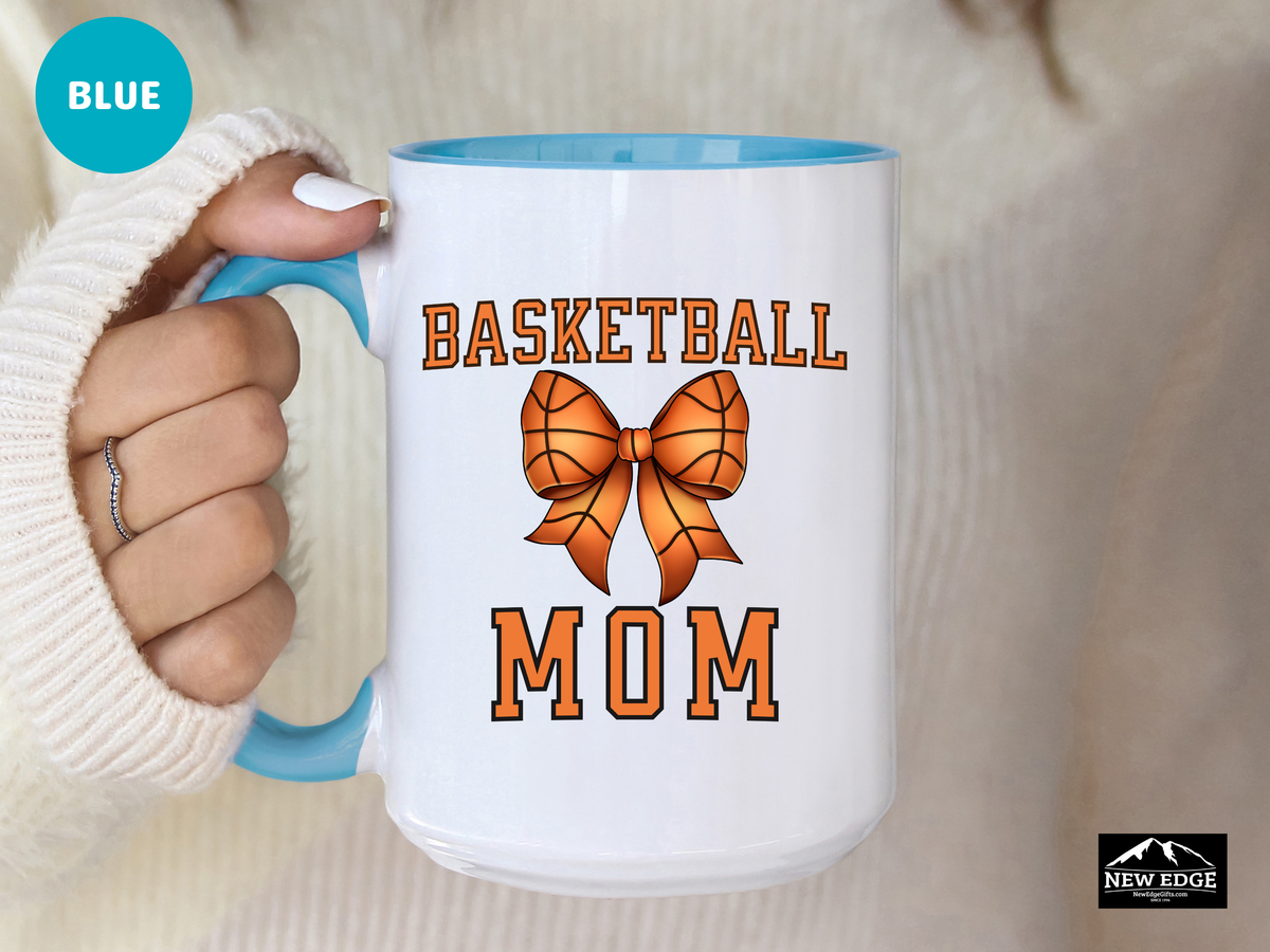 Basketball MOM Letters with Basketball Coquette Bow Coffee Mug – 11oz & 15oz Accent Mug – Cute Sports Mom Gift – Orange with Black Stitch Bow Mug