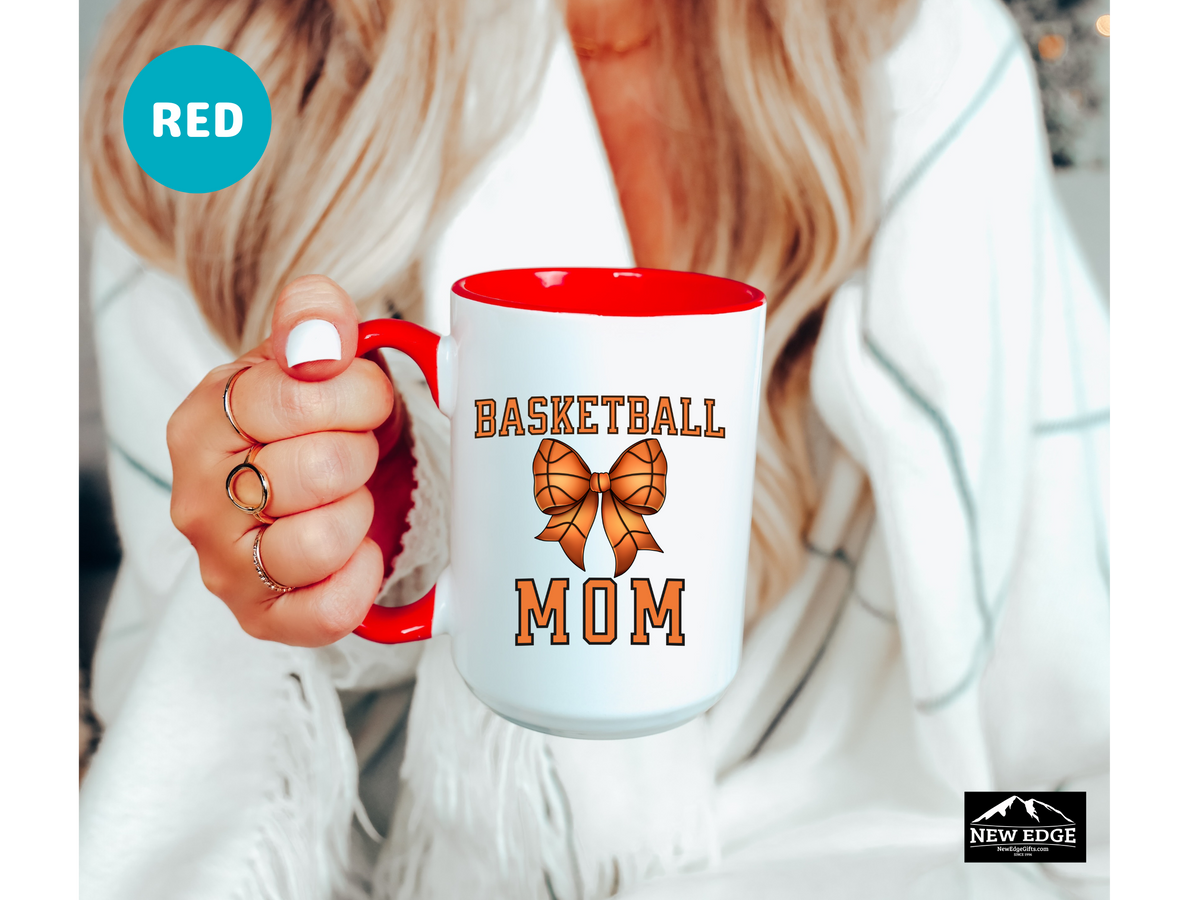 Basketball MOM Letters with Basketball Coquette Bow Coffee Mug – 11oz & 15oz Accent Mug – Cute Sports Mom Gift – Orange with Black Stitch Bow Mug