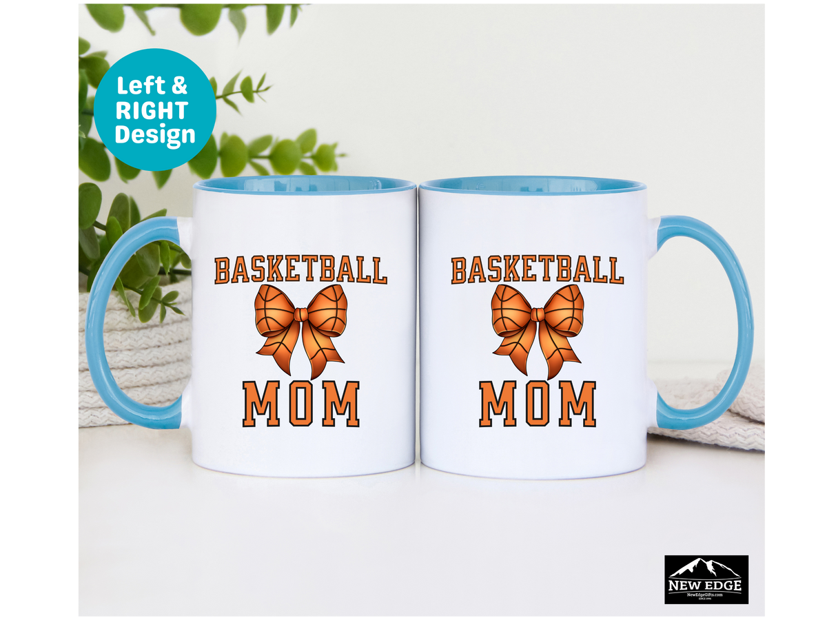 Basketball MOM Letters with Basketball Coquette Bow Coffee Mug – 11oz & 15oz Accent Mug – Cute Sports Mom Gift – Orange with Black Stitch Bow Mug